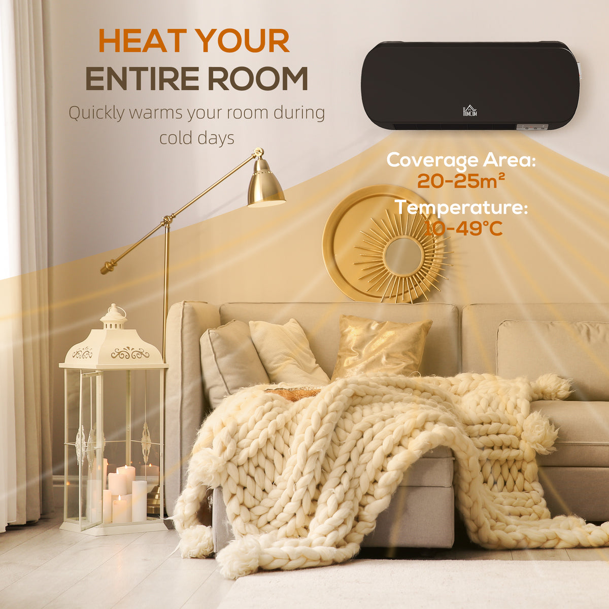 1000/2000W Wall-Mounted Ceramic Heater with Remote Control and 12-Hour Timer - Black