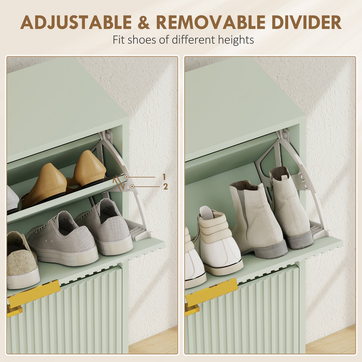 Narrow Shoe Cabinet with 2 Flip Drawers, Modern Slim Shoe Storage Cabinet with Fluted Doors and Adjustable Shelves for Hallway, Holds 6-12 Pairs, Light Green