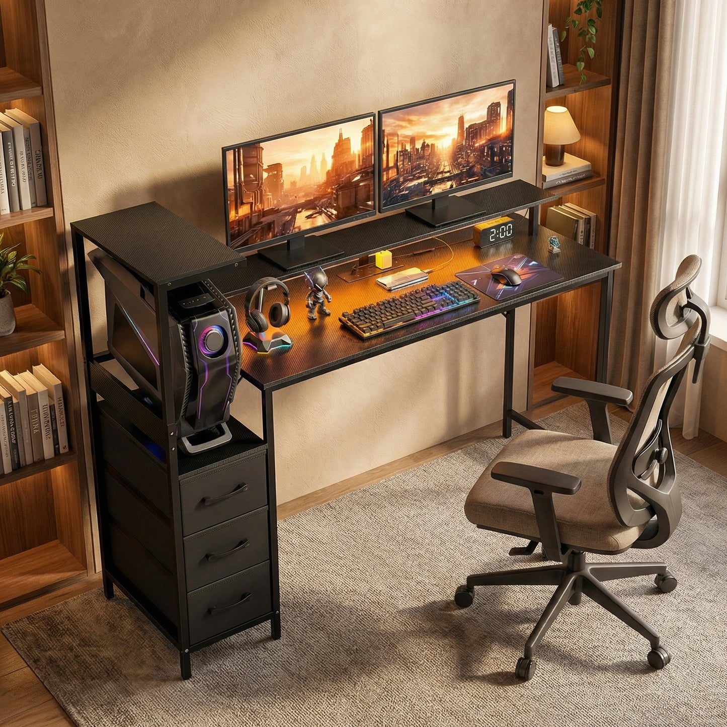 147cm Gaming Desk with Charging Station and RGB Lights, Black