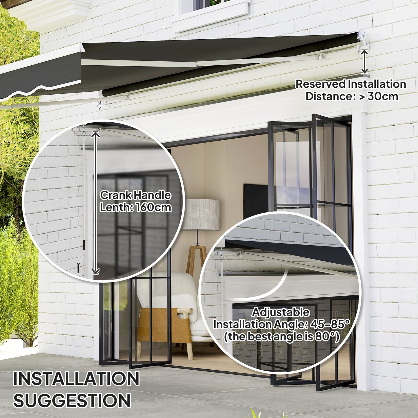 Garden Sun Shade Canopy Retractable Awning, 2.5 x 2m, Black