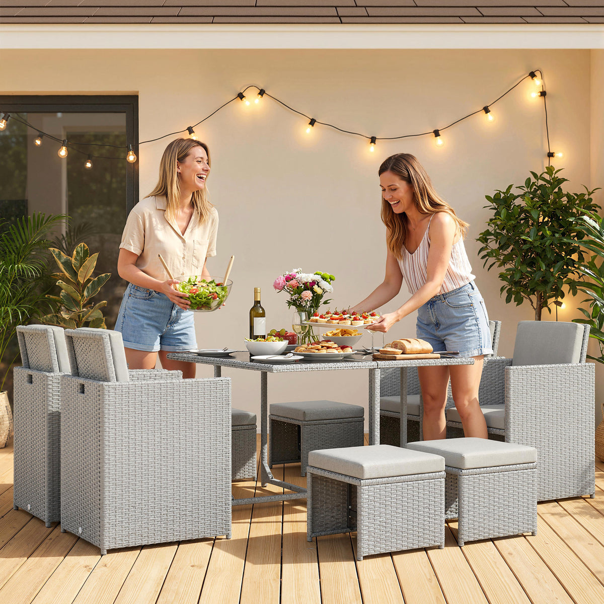 9 Piece Rattan Garden Dining Set with Table, 4 Chairs, 4 Stools and Cushions - Light Grey