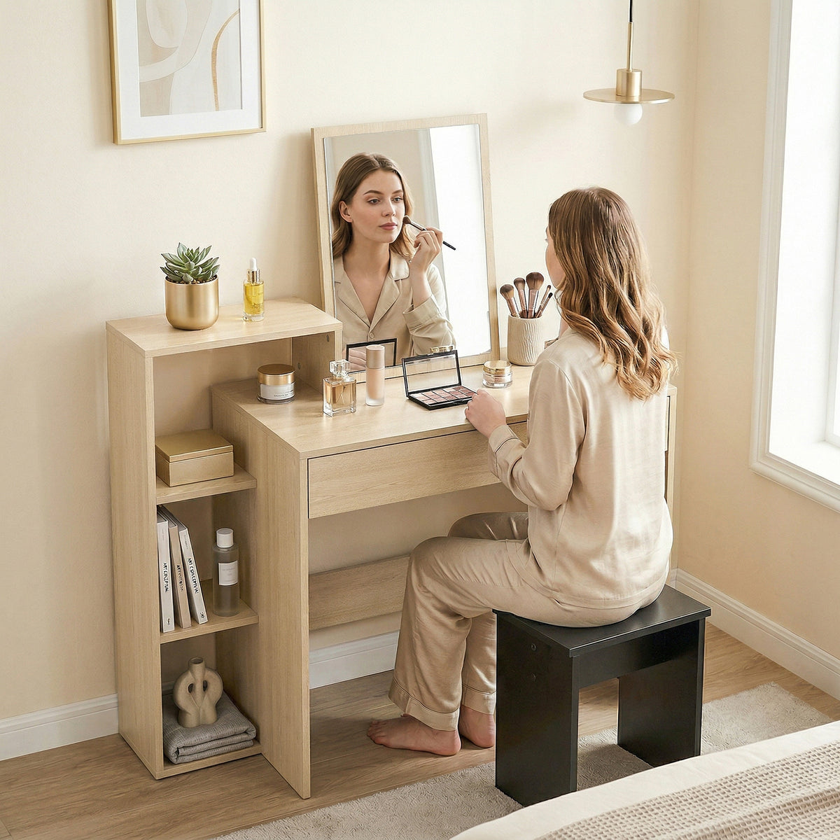 Computer Desk with 3 Open Shelves and Drawer - Natural