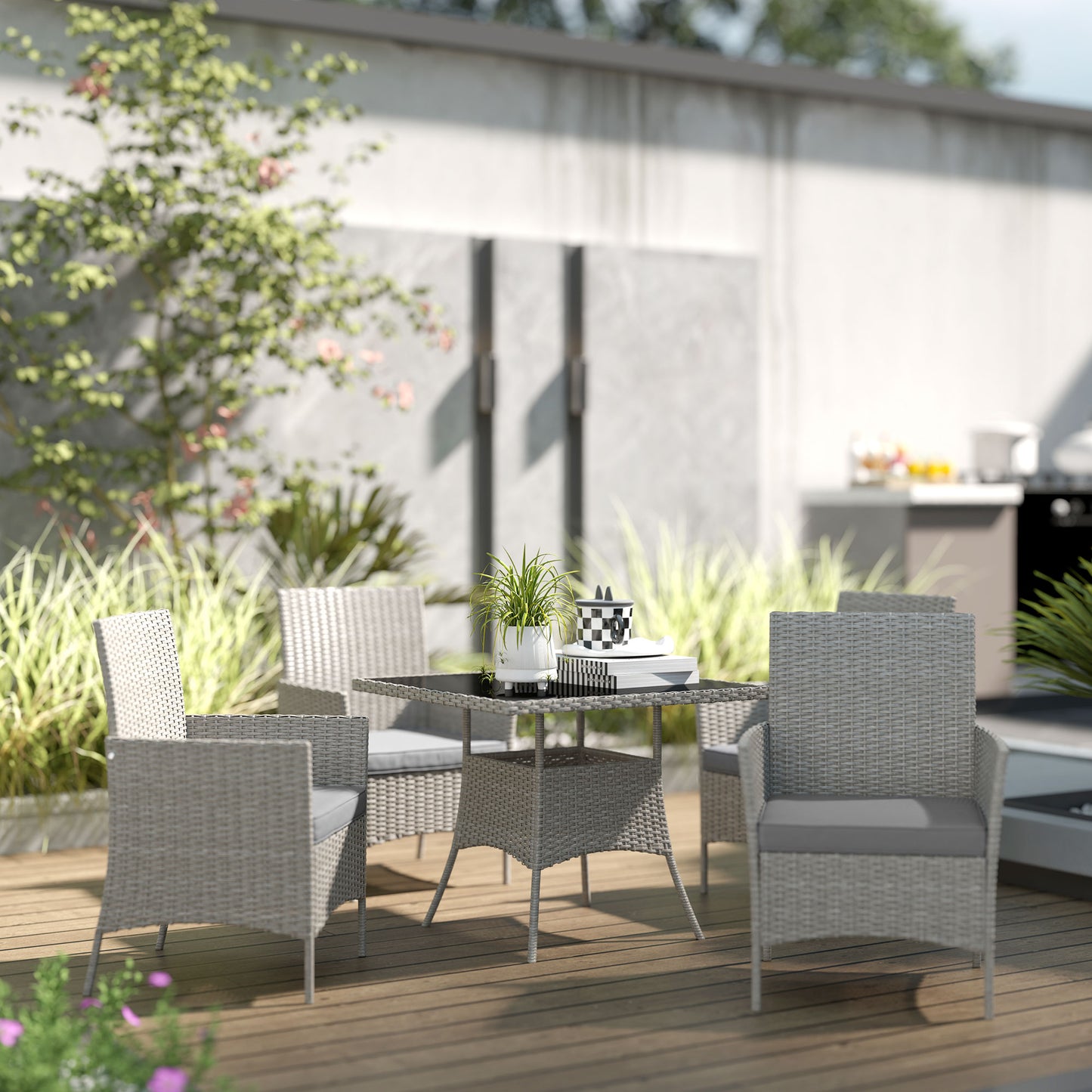Rattan Outdoor Dining Table and Chairs for 4, Light Grey