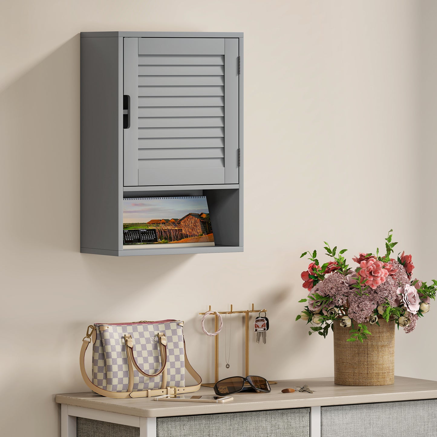 Bathroom Cabinet, Wall Mounted Cabinet with Adjustable Shelves, Grey