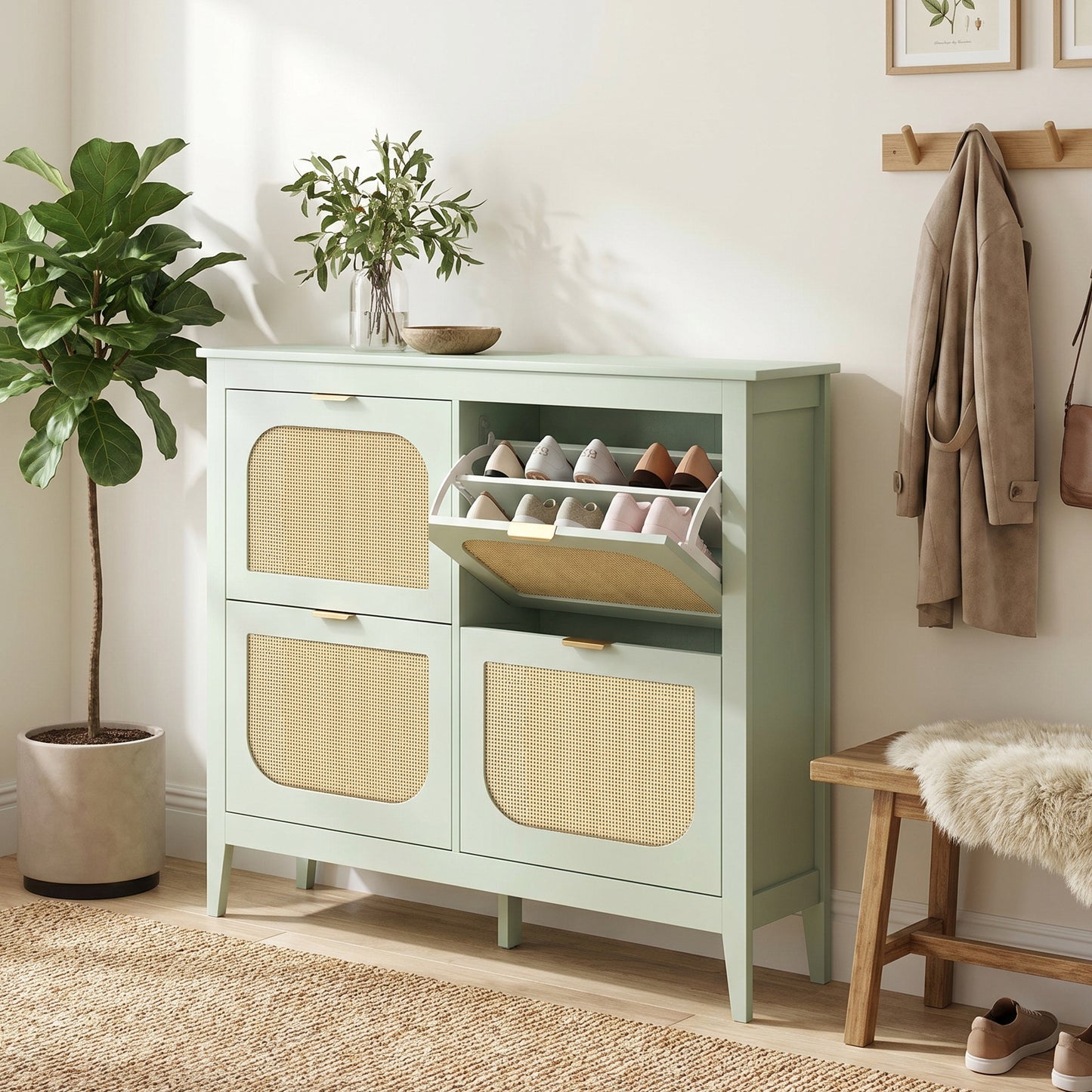 Boho Slim Shoe Cabinet with Rattan Doors, Holds 20 Pairs, Green