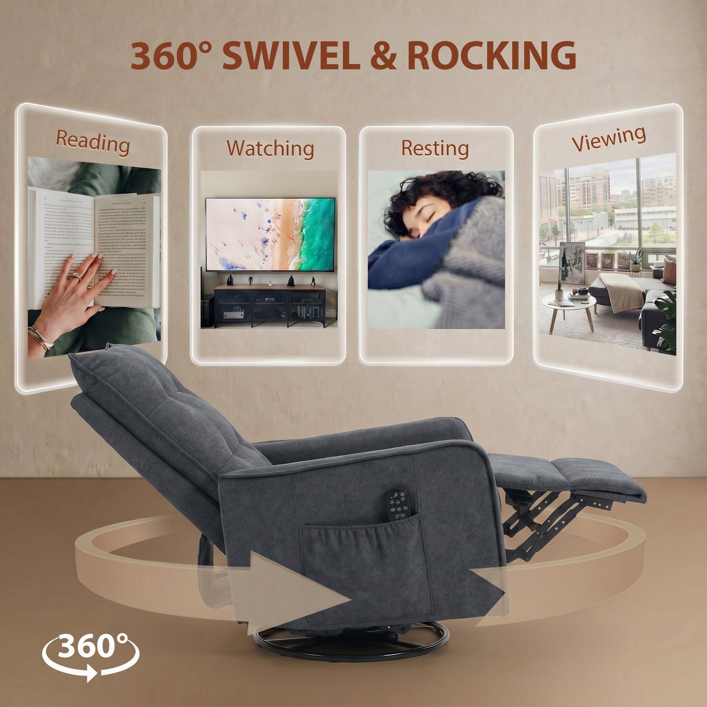 Recliner Armchair, Chenille Recliner Chair with Massage and Heat, 360° Swivel Rocking Manual Reclining Chair with Side Pockets for Living Room, Dark Grey