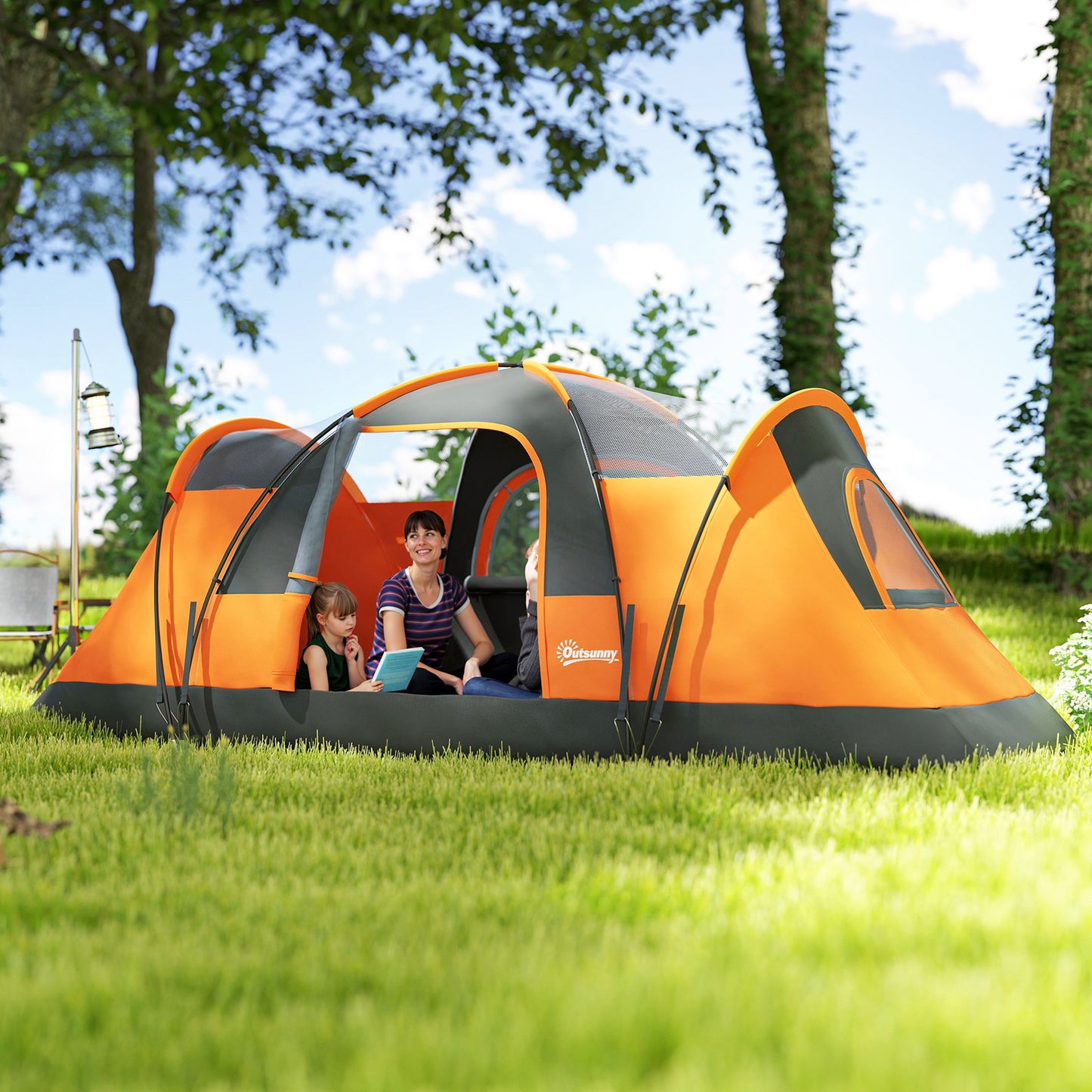 5-6 Man Camping Tent with Bag, Fibreglass and Steel Frame, Orange