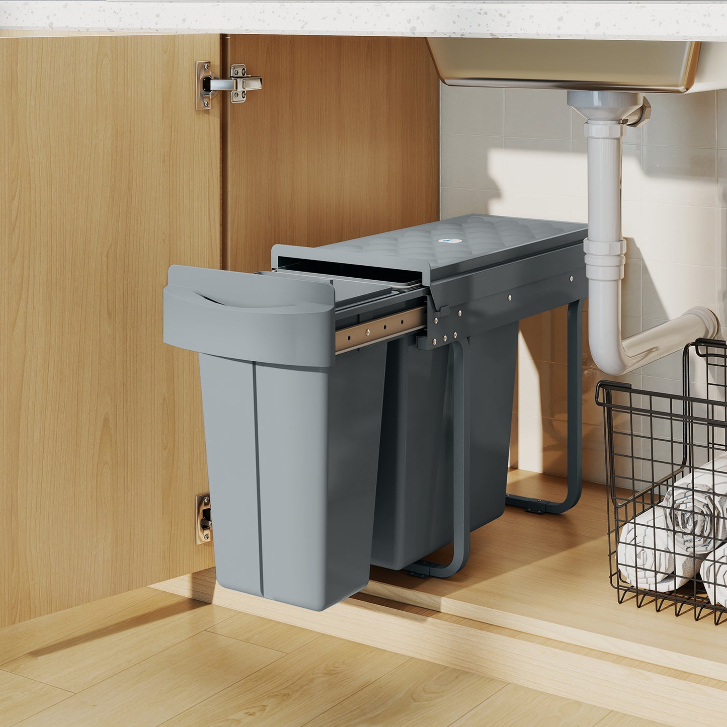Under-Sink Kitchen Trash Bin, 2 Removable Recycling Containers, 20L + 10L, Smooth Slide, Handle, Diamond Pattern Lid, Grey