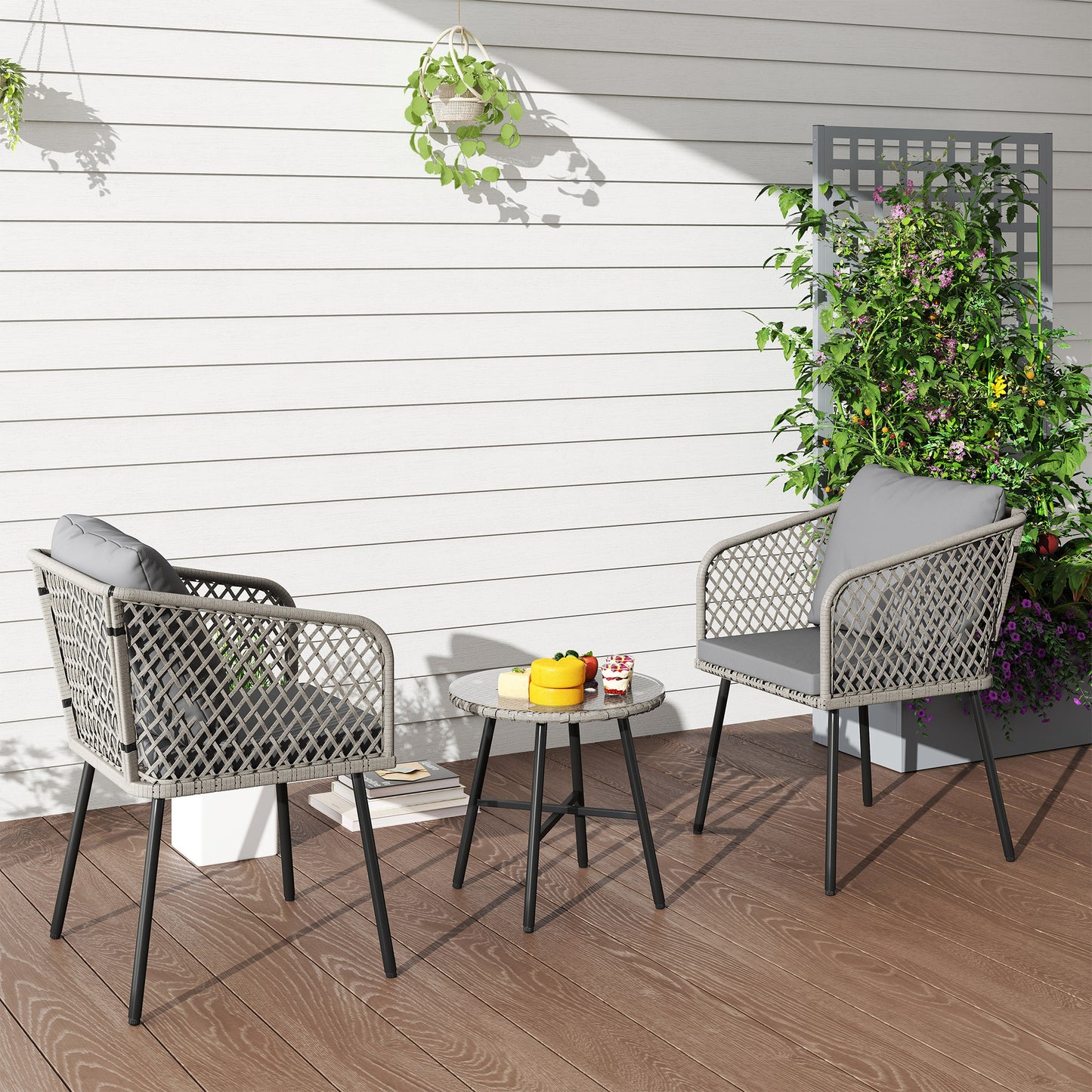 3 Piece Rattan Bistro Set with Cushions, Grey