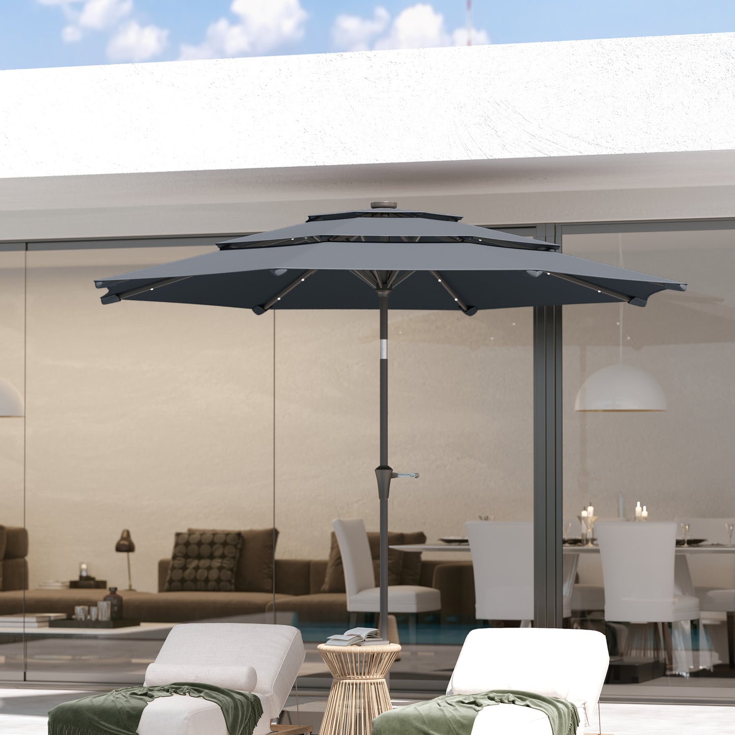 3-Tier Garden Parasol w/ Solar LED Lights, Tilt, Crank Handle, Grey