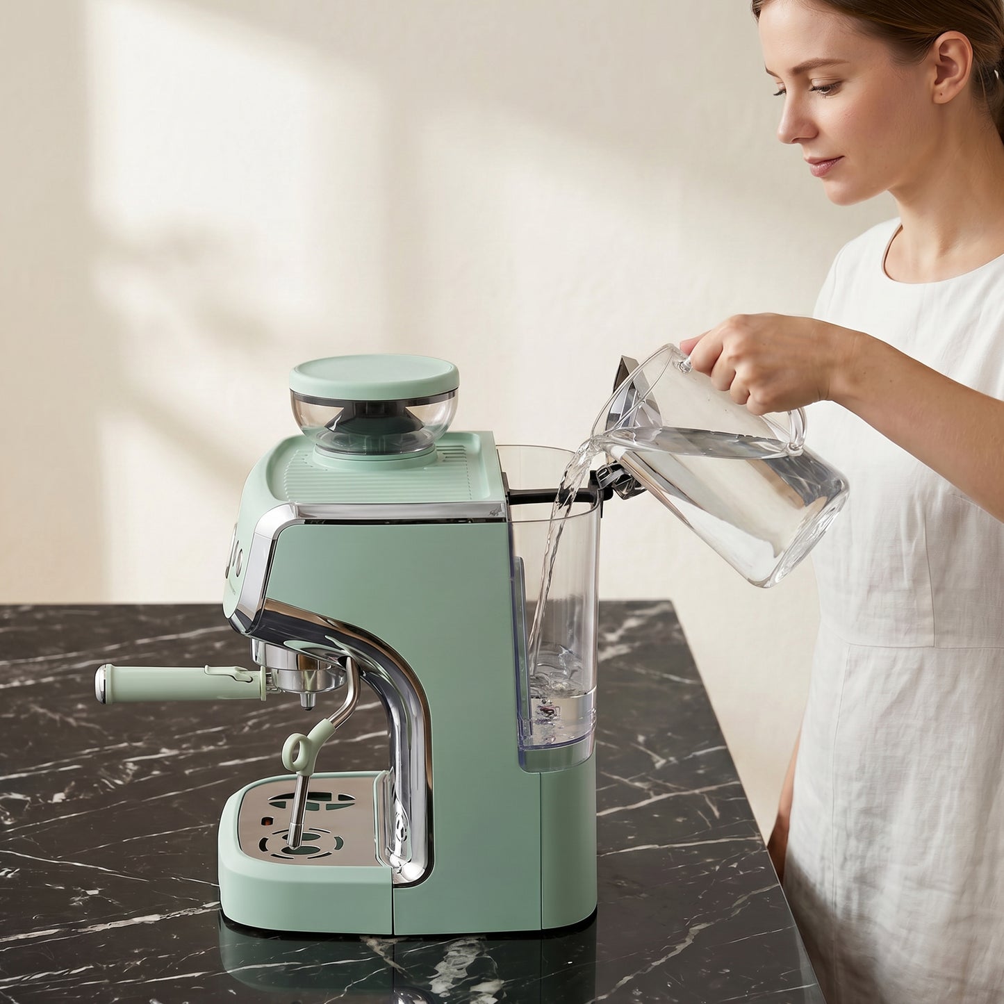 Espresso Machine with Integrated Bean Grinder & Steam Wand, Bean to Cup Coffee Machine with 15 Bar Italian Pump, 2L Water Tank, Cappuccino Maker, Stainless Steel, Light Green