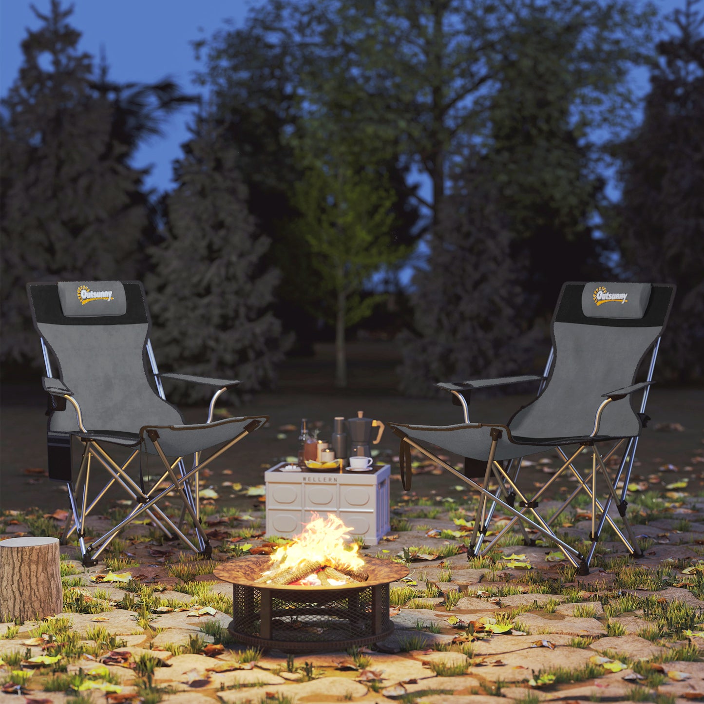 Set of 2 Reclining Camping Chairs, Grey and Black