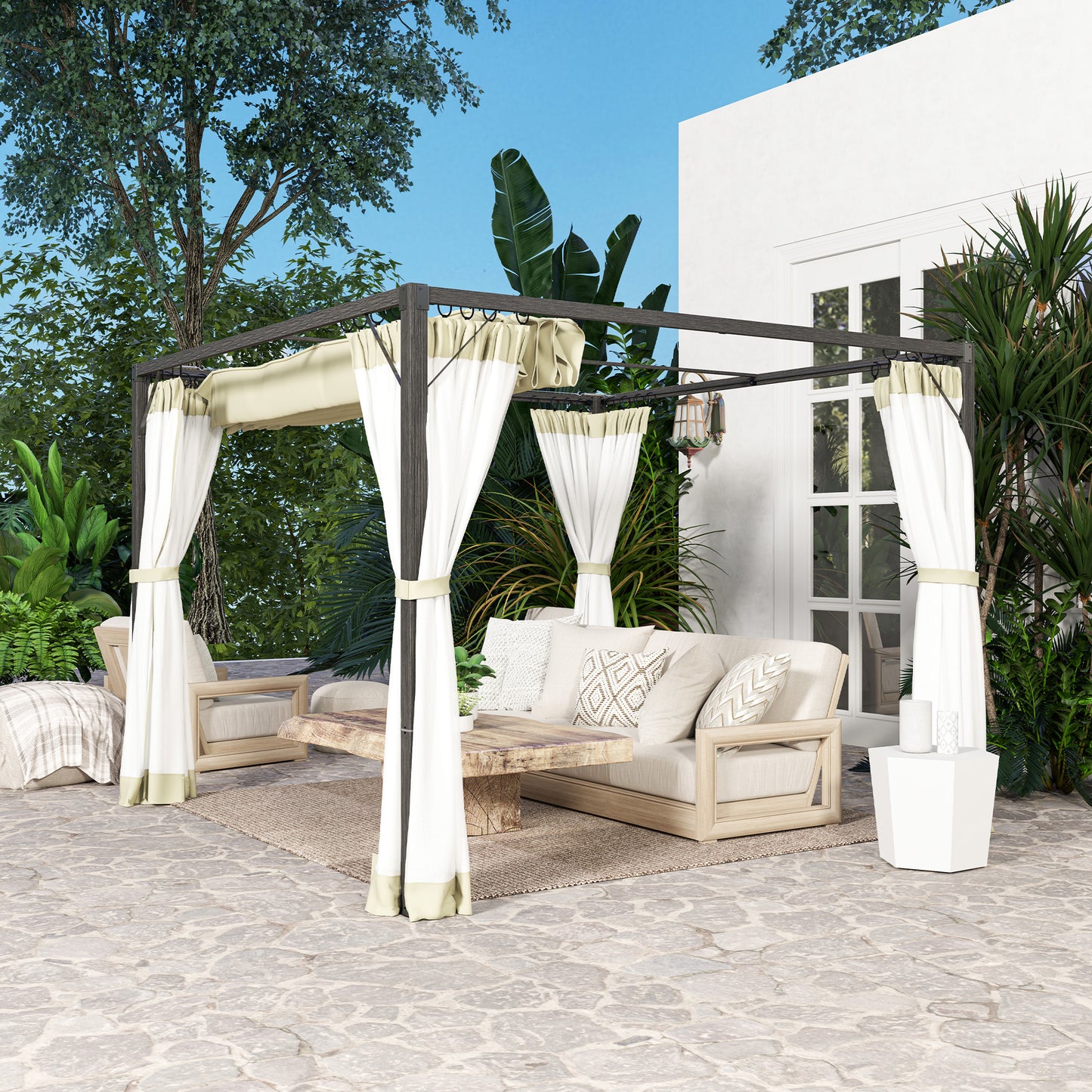 3 x 3 m Pergola with Retractable Roof and Netting, Khaki