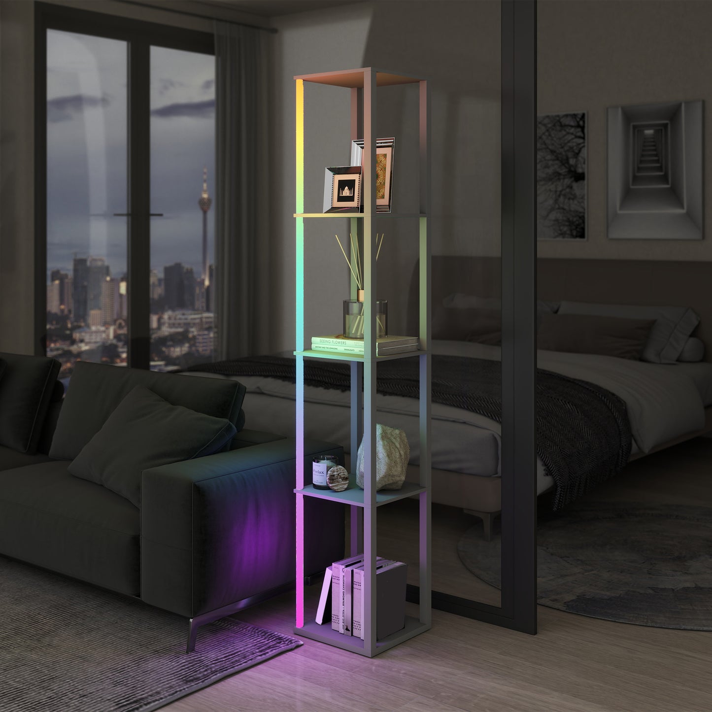 RGB LED Floor Lamp with Shelves and Remote Control for Bedroom, Grey