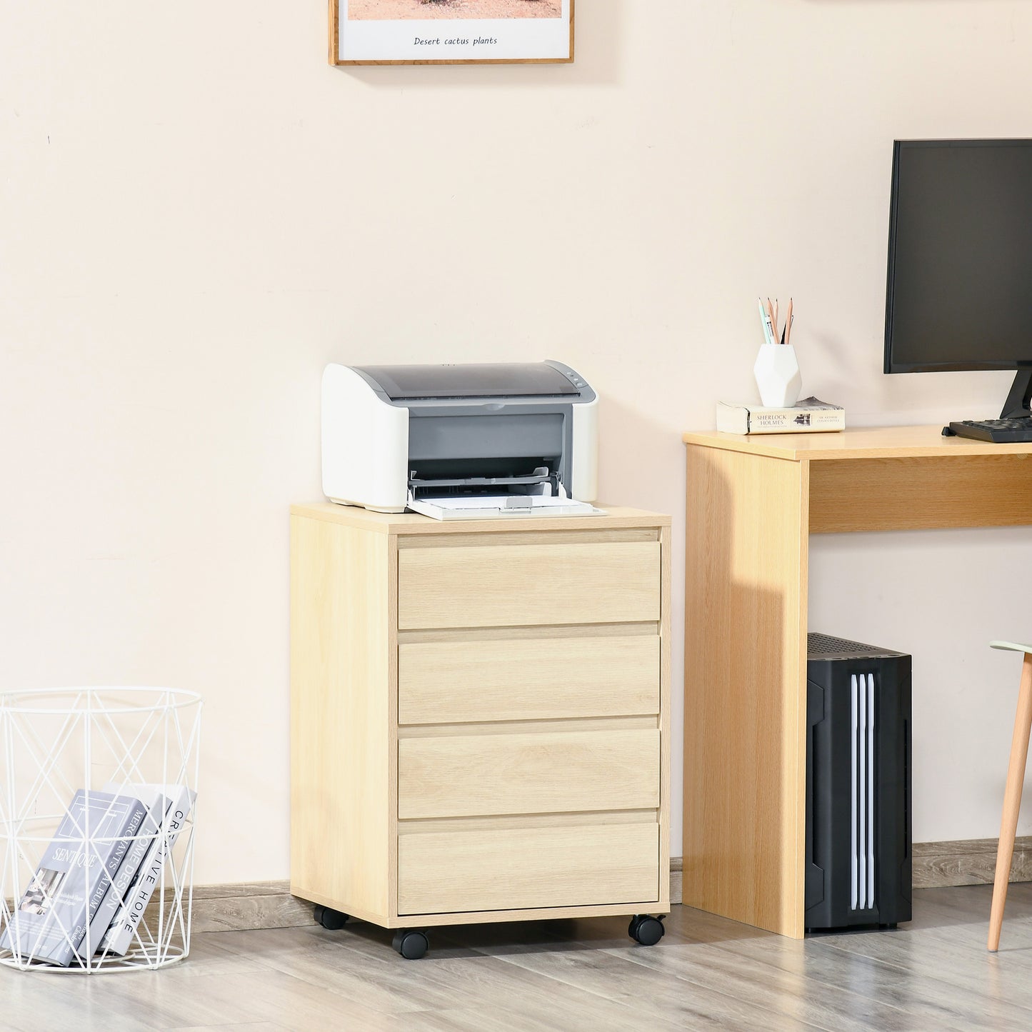 Mobile Vertical Filing Cabinet with 4 Drawers for Home, Natural