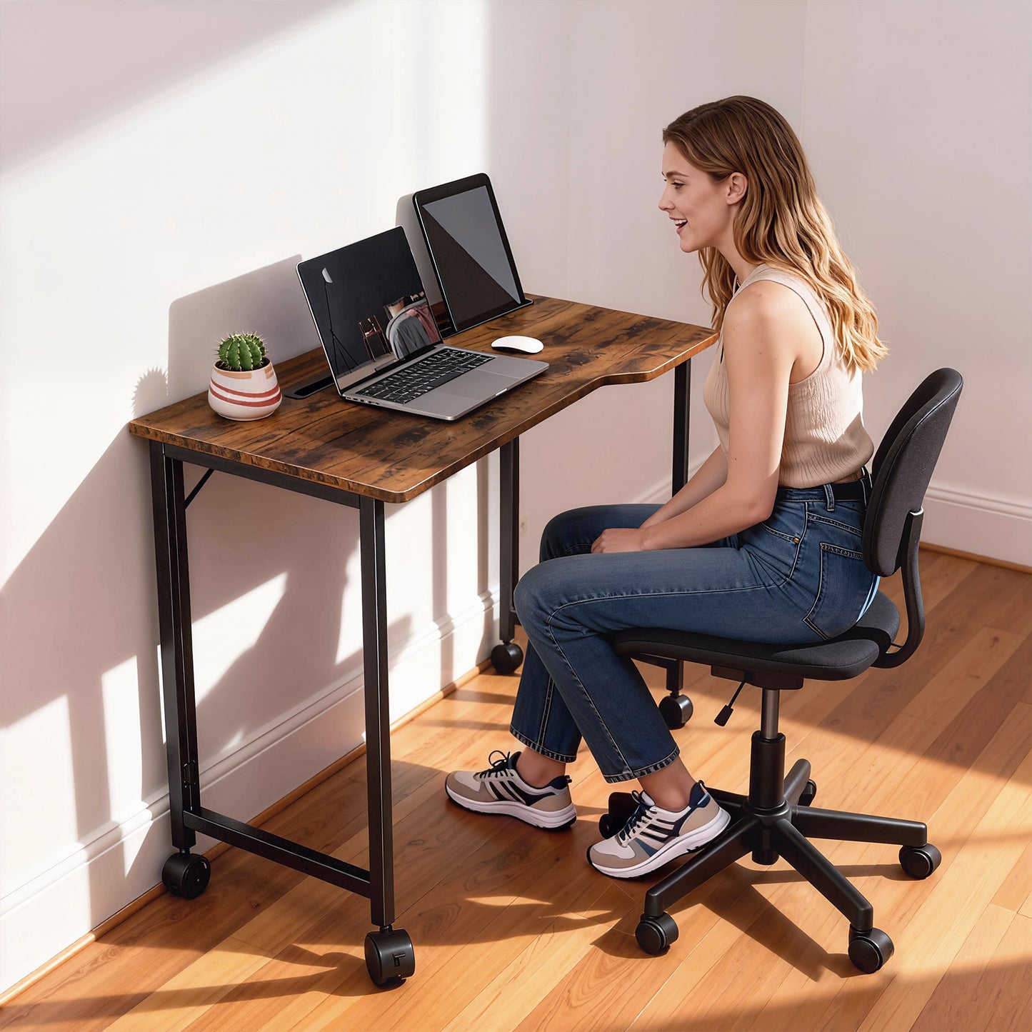 Small Writing Desk with Wheels, Folding Study Table, Rustic Brown