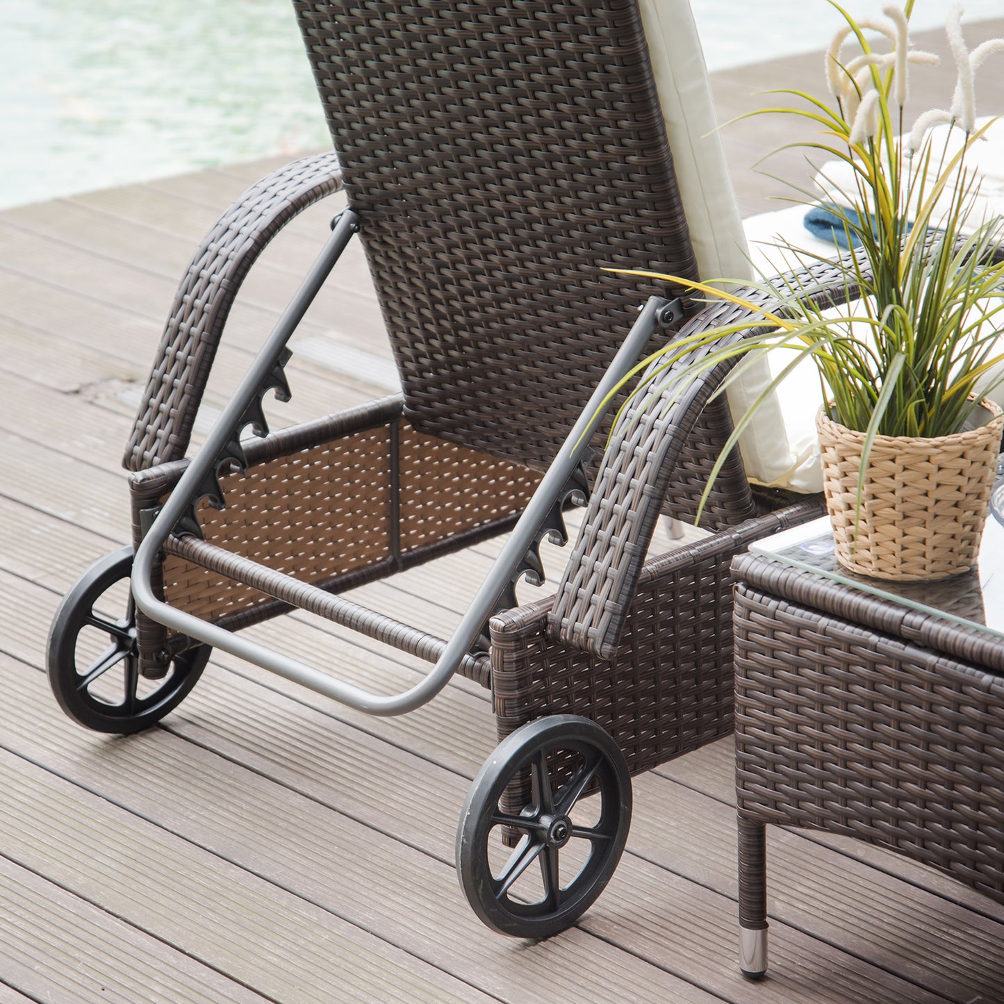 3 Pieces Patio Lounge Chair Set, Garden Wicker Wheeling Lounger Outdoor Daybed, PE Rattan Lounge Chairs w/Cushions & Side Coffee Table Brown