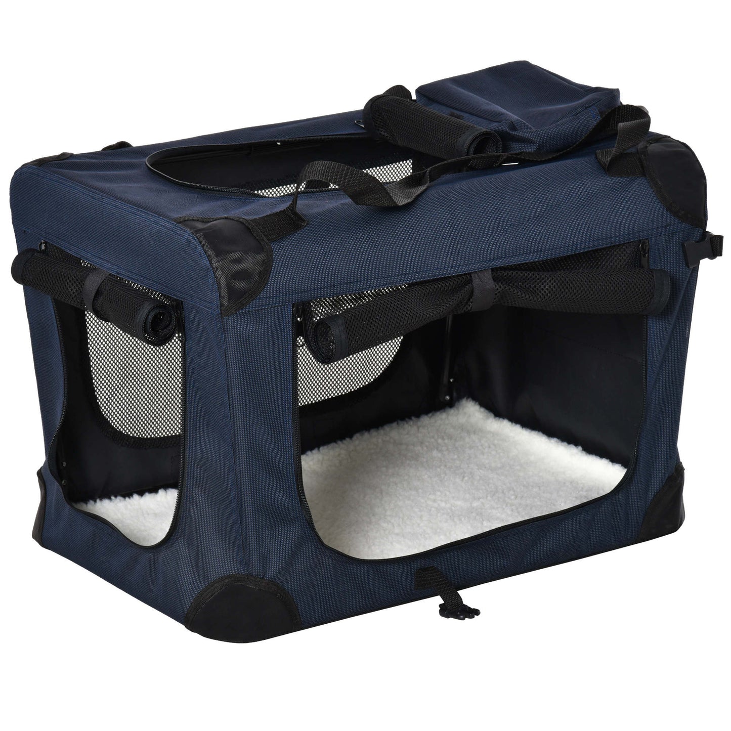 Folding Pet Carrier Bag Soft Portable Dog Cat Crate Puppy Kennel Cage House with Cushion Storage Bags Dark Blue, 60 x 41.5 x 41cm