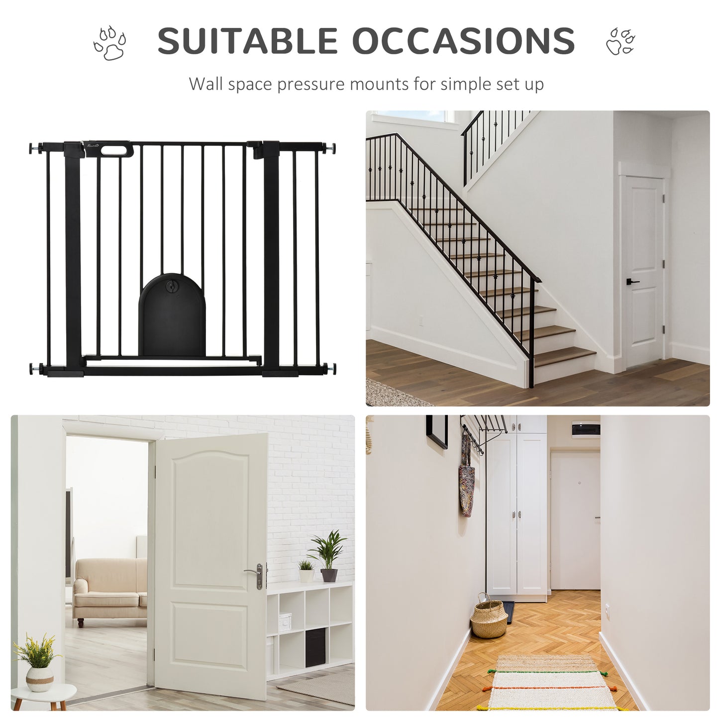 Dog Gate with Cat Flap Pet Safety Gate Barrier, Stair Pressure Fit, Auto Close, Double Locking, for Doorways, Hallways, 75-103 cm Black