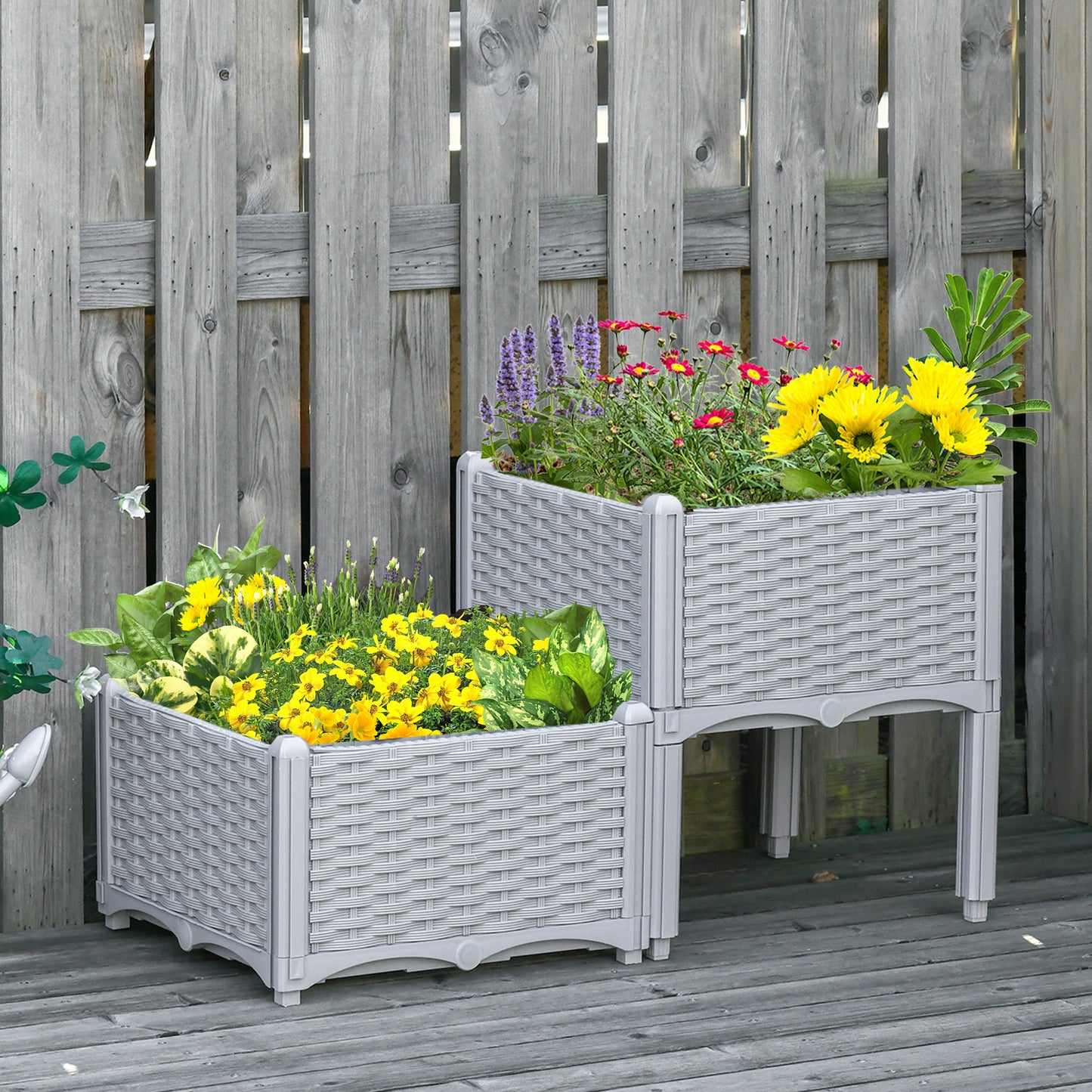 Outsunny 40cm x 40cm x 44cm Set of 2 26L Garden Raised Bed Elevated Patio Flower Plant Planter Box PP Vegetables Planting Container, Grey