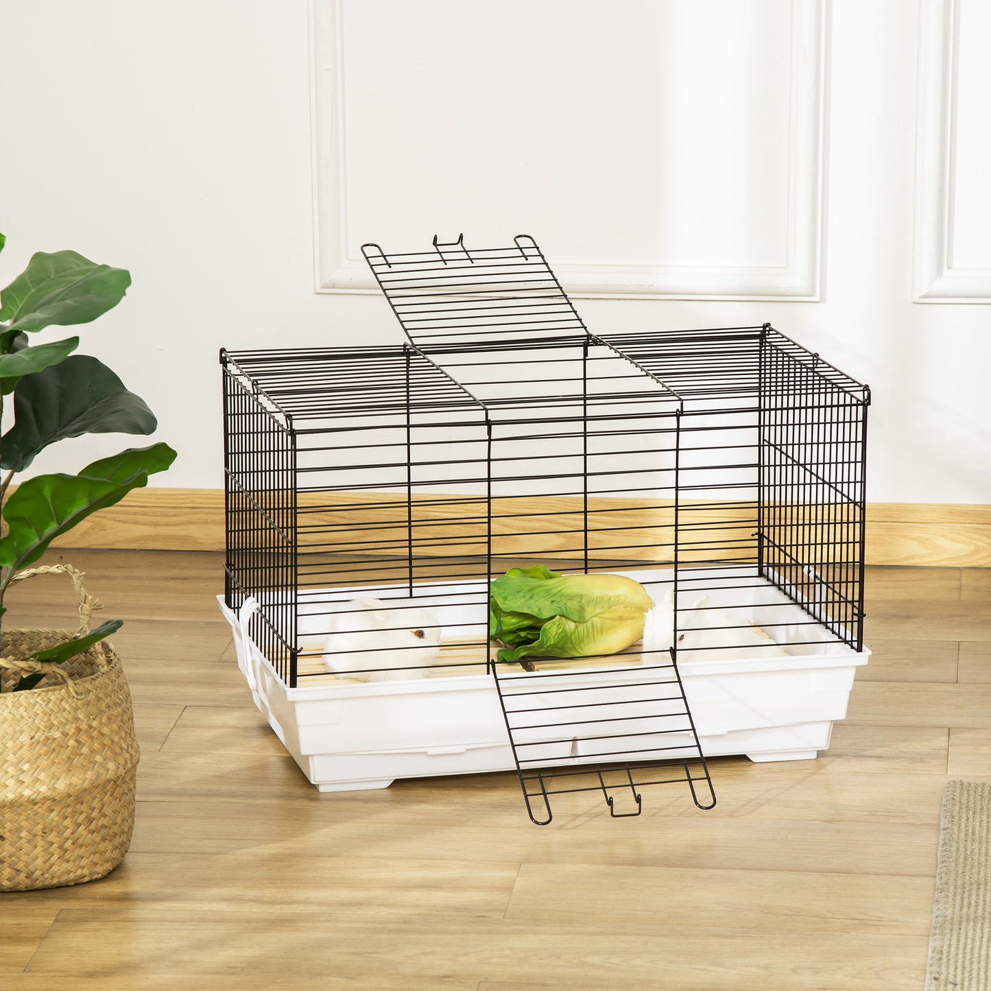Indoor Small Animal Cage with Wood Floor, Bunny Guinea Pig House with Removable Trays, 61.5 x 38 x 40 cm, White