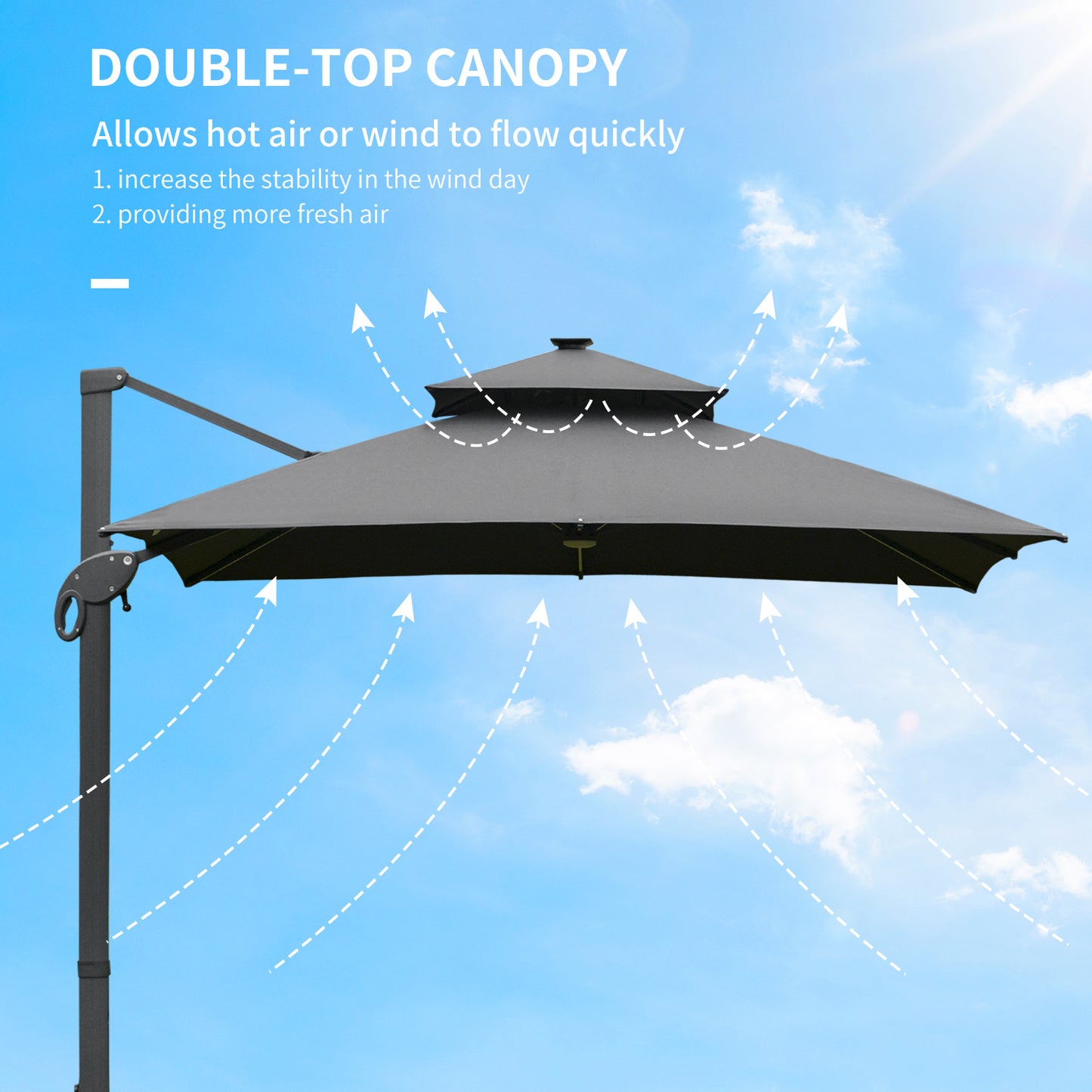 Outsunny 3 x 3(m) Cantilever Roma Parasol Garden Sun Umbrella, Two-tier 250g Polyester Sun Shade with LED Solar Light, Aluminum Frame, Cross Base 360° Rotating for Backyard Gray