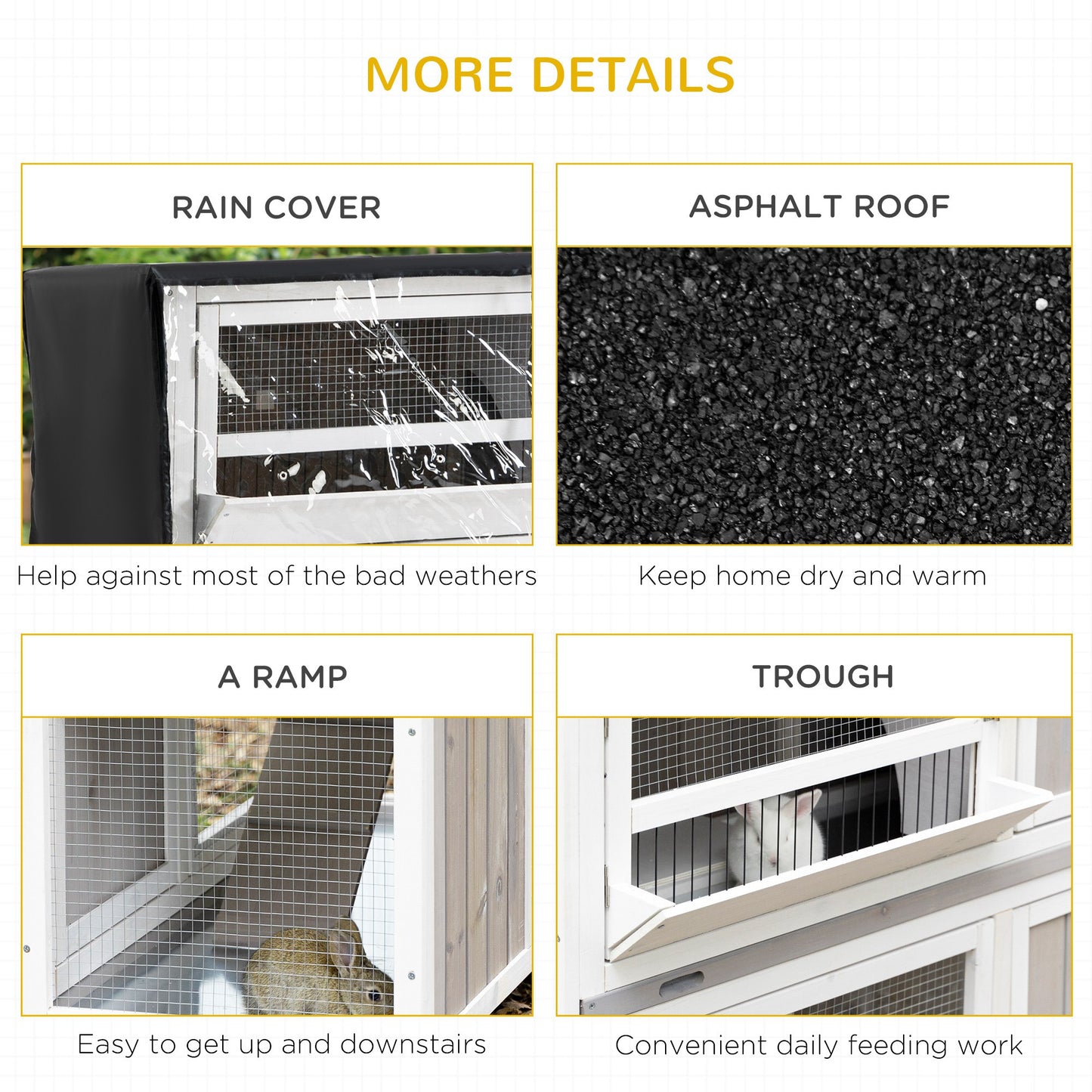 4 FT Rabbit Hutch Two Tier Wooden Guinea Pig Cage Bunny House w/ Rain Cover, Wheels - Grey