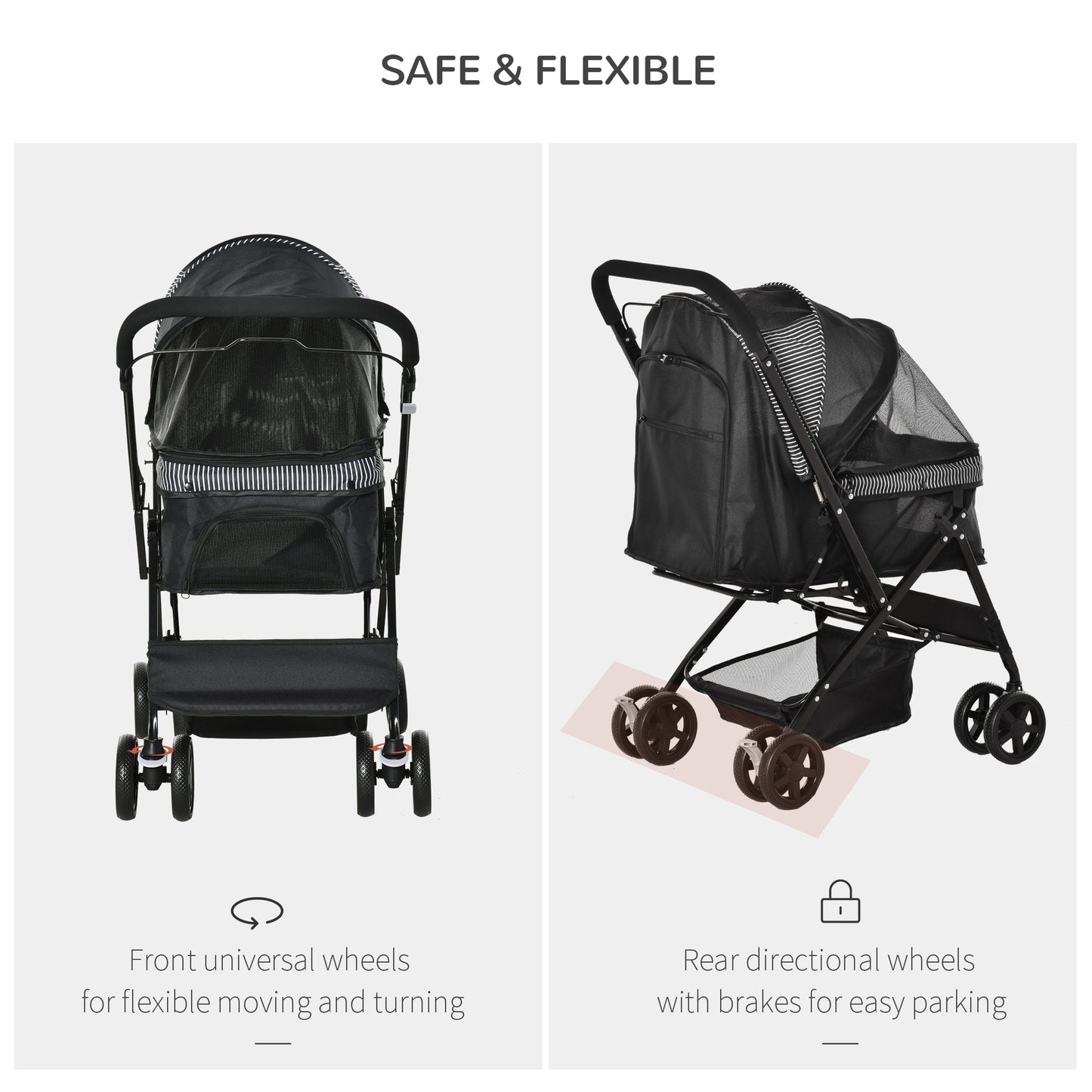 Pet Stroller Dog Cat Travel Pushchair Foldable Jogger with Reversible Handle EVA Wheel Brake Basket Adjustable Canopy Safety Leash for Small Dogs, Black
