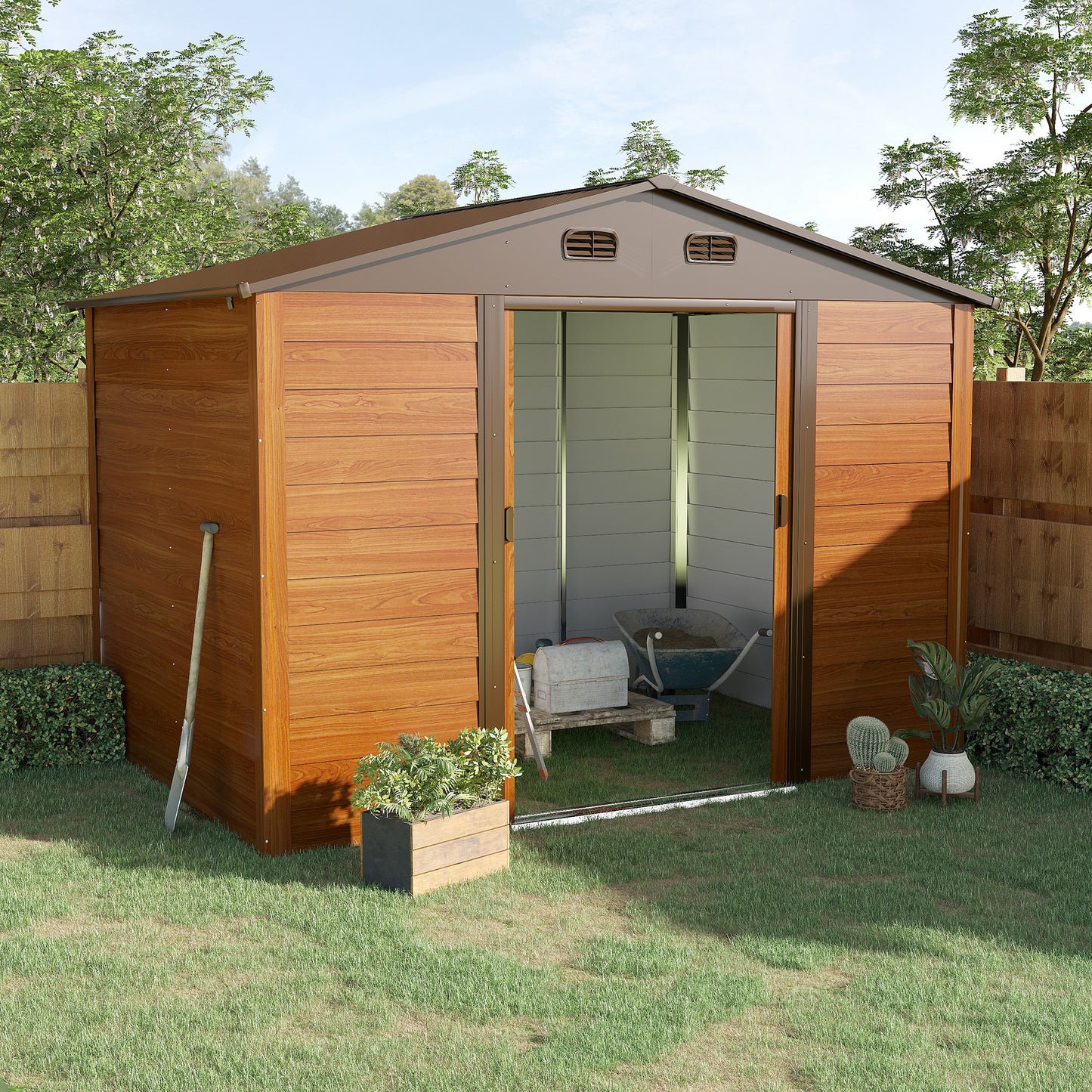 Outsunny 9 x 6ft Garden Metal Storage Shed House Hut Gardening Tool Storage with Kit and Ventilation, Brown with Wood Grain