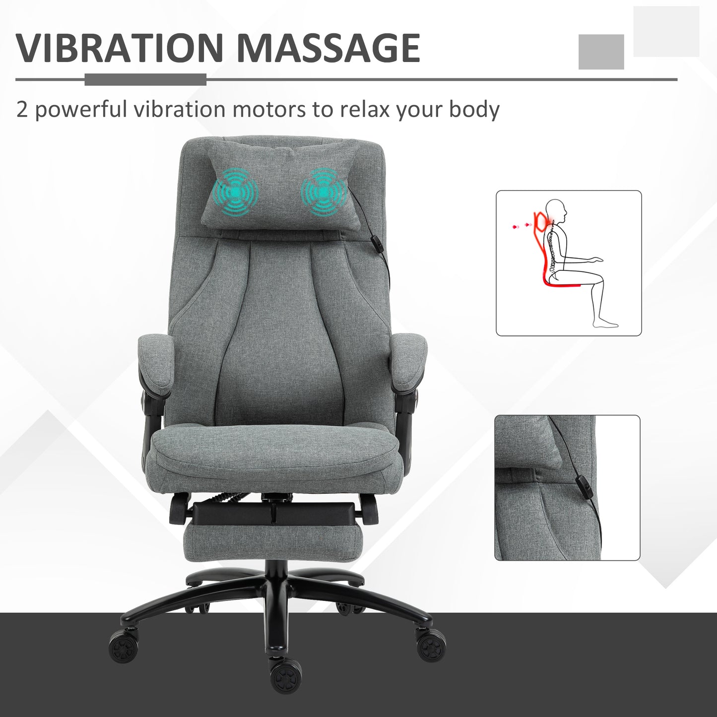 Office Chair 2-Point Removable Vibration Massage Pillow Executive Ergonomic USB Power Adjustable Height 360° Swivel Grey