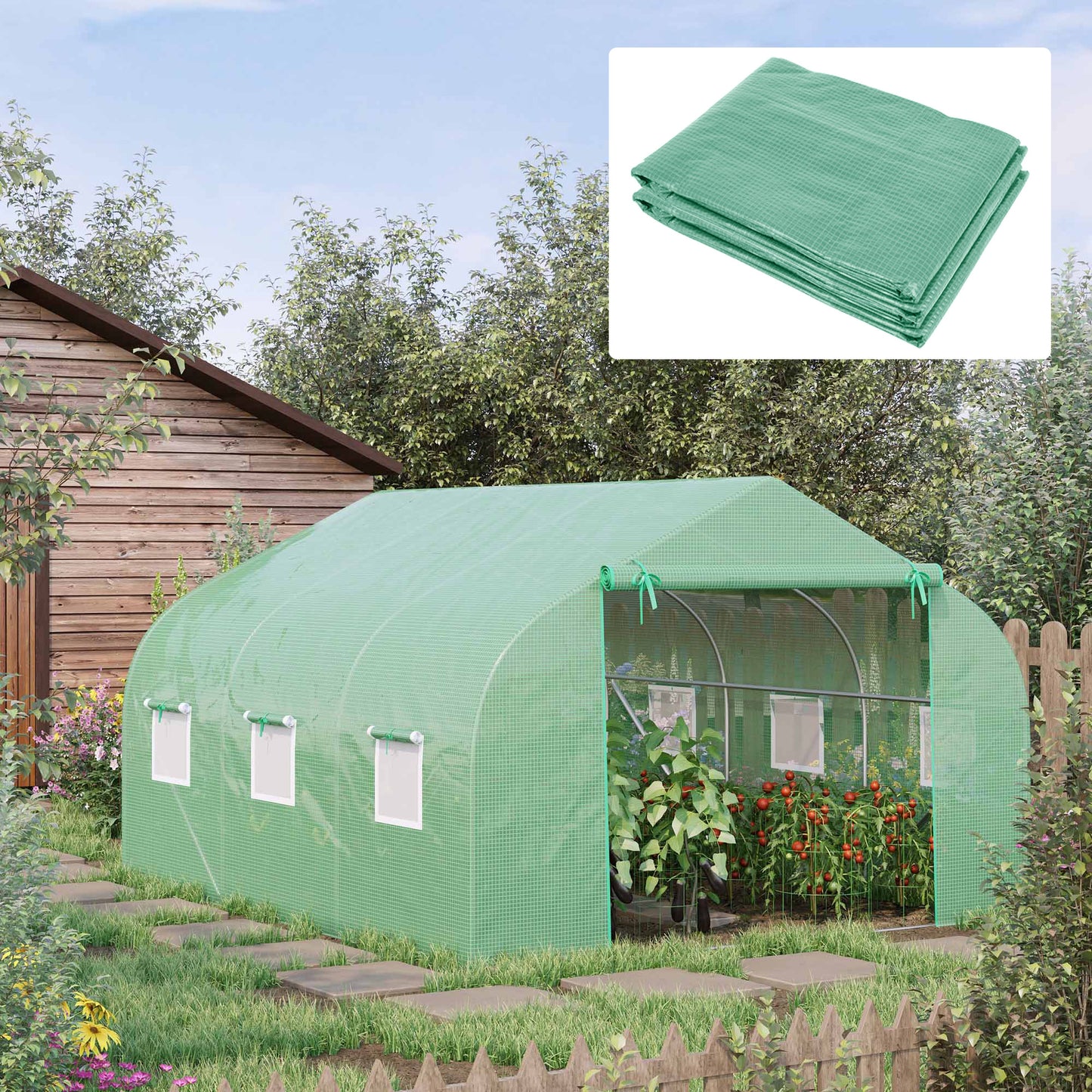 Outsunny Walk In Greenhouse Cover Replacement Reinforced Gardening Plant Growhouse Cover with Zipper Door and 6 Roll Up Windows, 3.5 x 3 x 2m, Green, COVER ONLY
