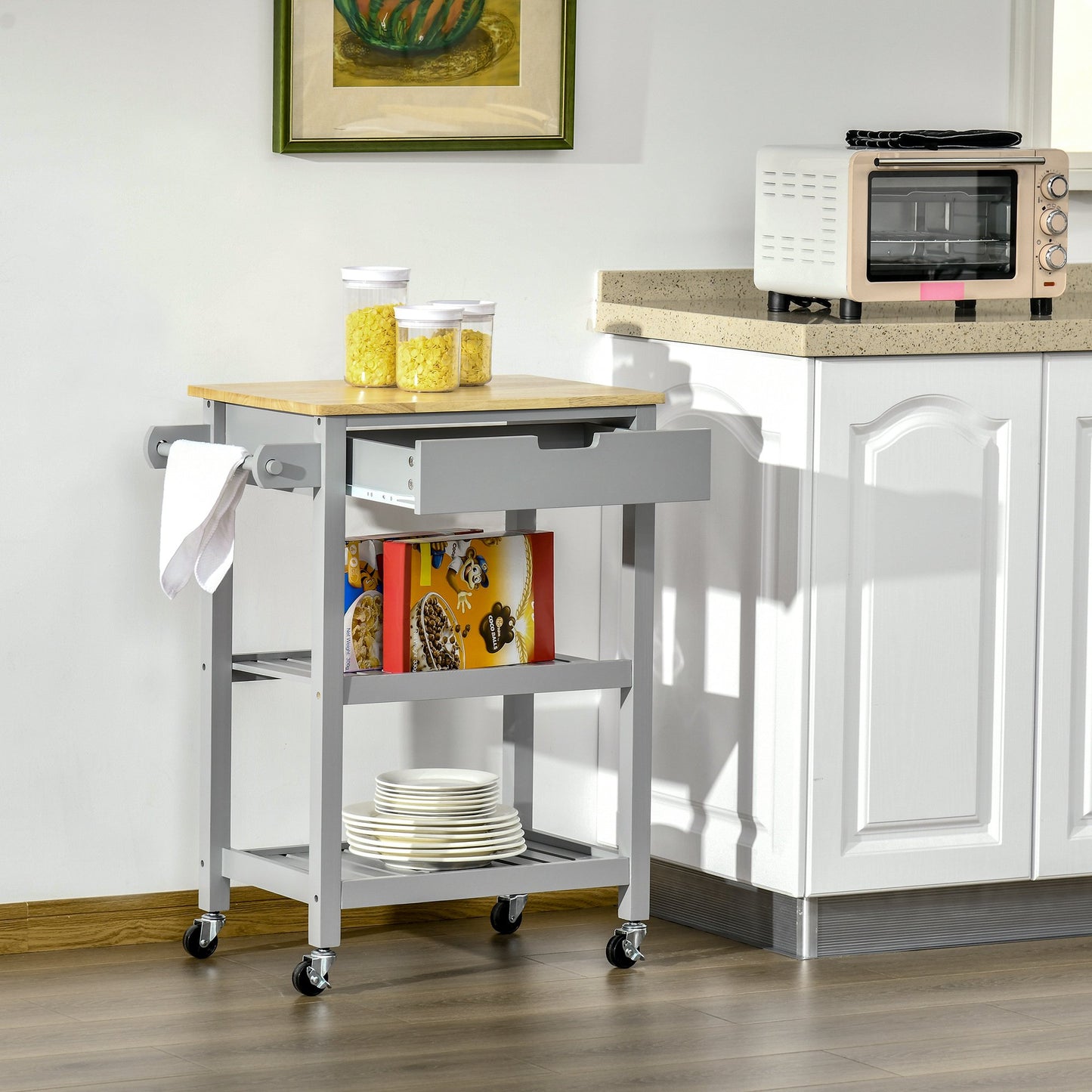HOMCOM Kitchen Trolley Utility Cart on Wheels with Rubberwood Worktop, Towel Rack, Storage Shelves & Drawer for Dining Room, Grey