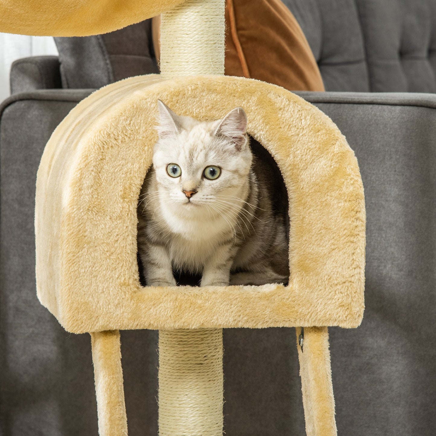 Cat Tree Tower for Indoor Cats Kitten Activity Centre Scratching Post w/ Hammock House Basket Ladder - Beige