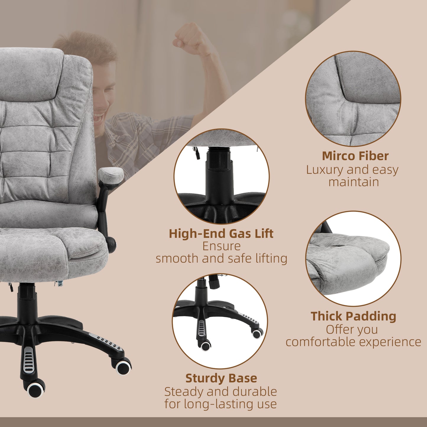 Massage Recliner Chair Heated Office Chair with Six Massage Points Microfiber Cloth 360° Swivel Wheels Grey