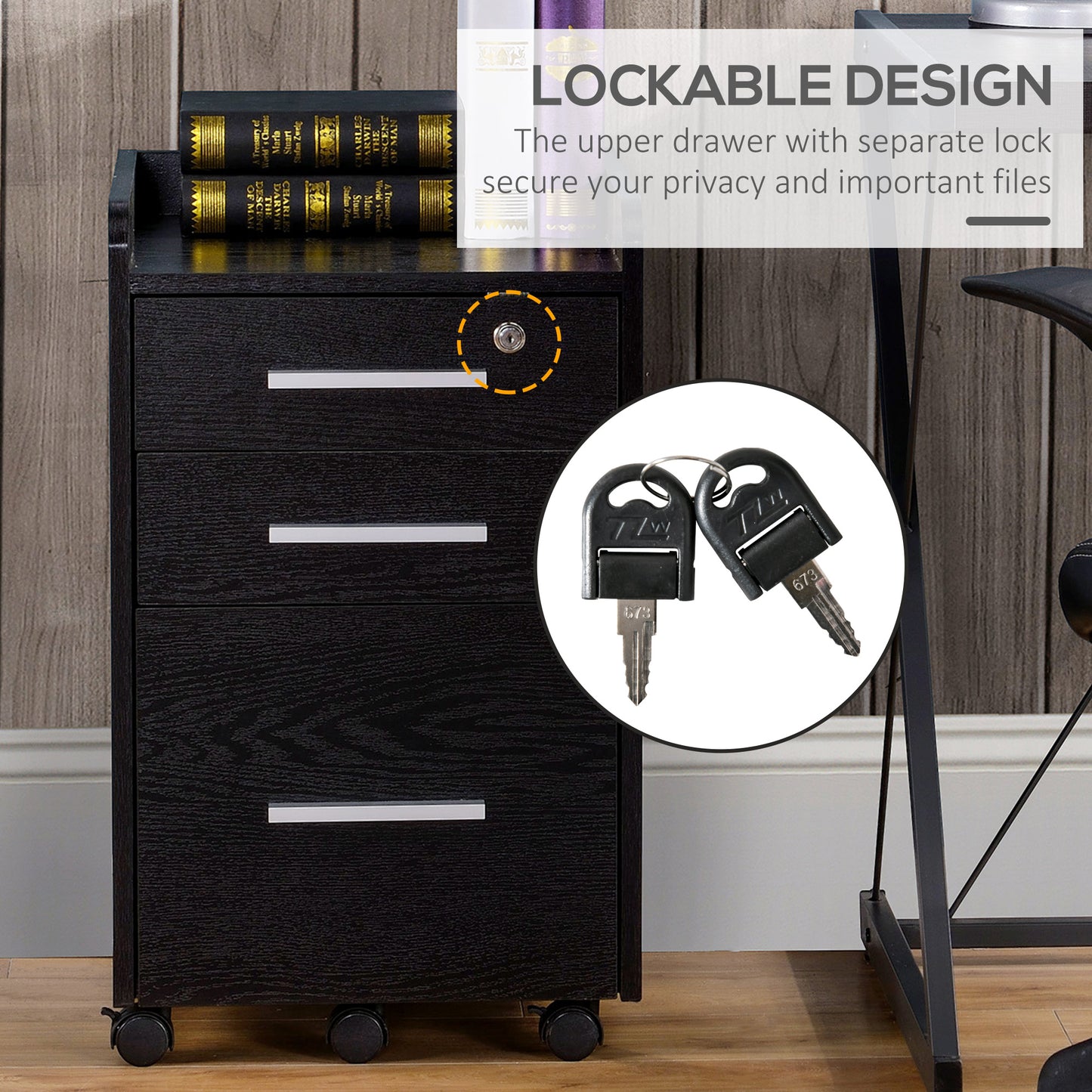 3 Drawer Mobile Filing Cabinet Lockable Filing Cabinet, Black