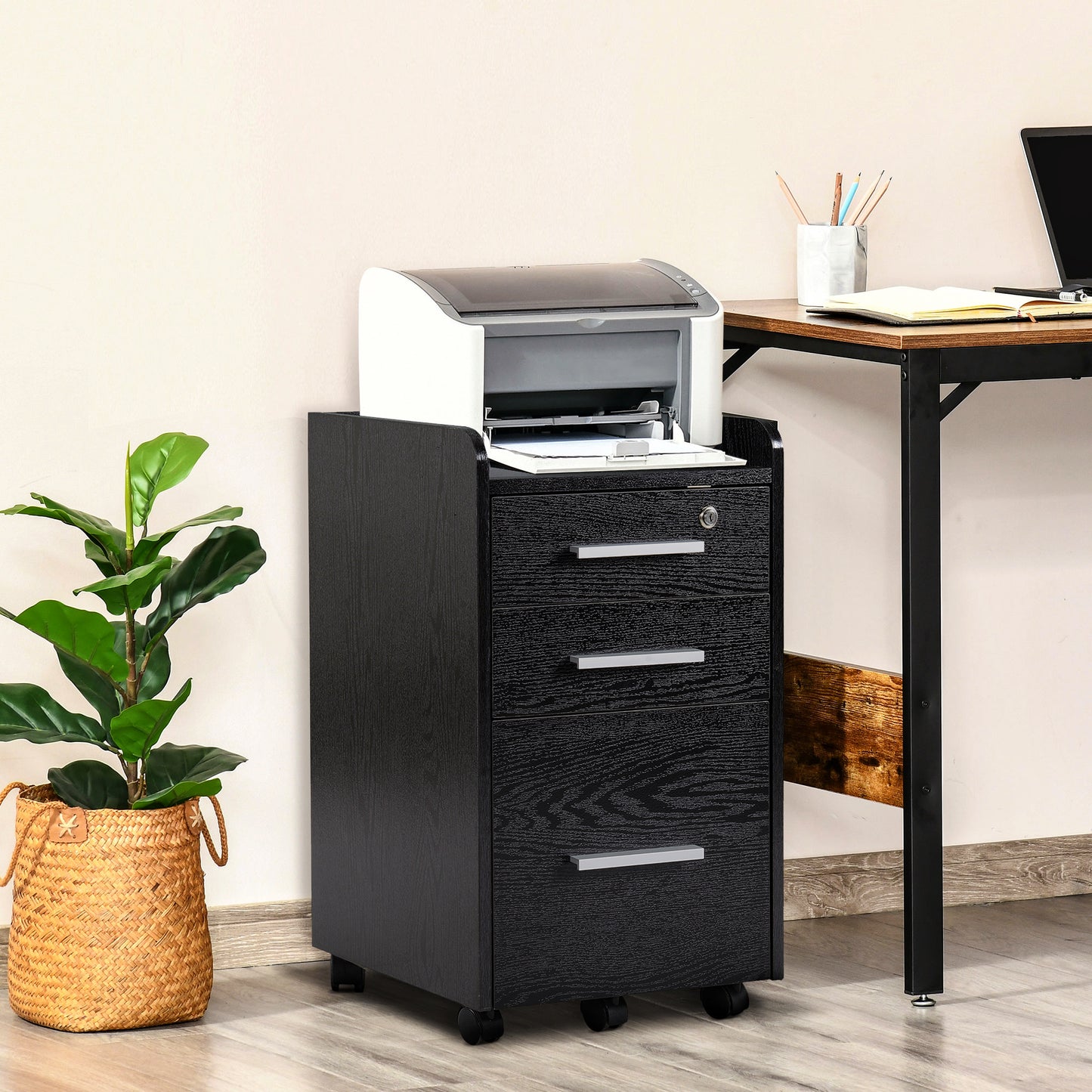 3 Drawer Mobile Filing Cabinet Lockable Filing Cabinet, Black