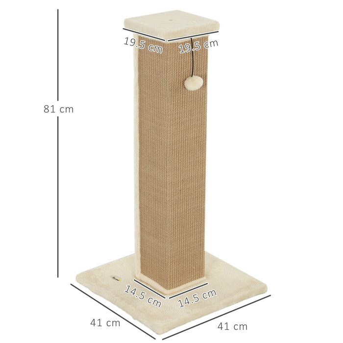 Cat Scratching Post for Indoor Cats, 81cm Cat Scratcher, Vertical Full Scratcher with Natural Jute Rope, Hanging Ball and Soft Plush, Beige