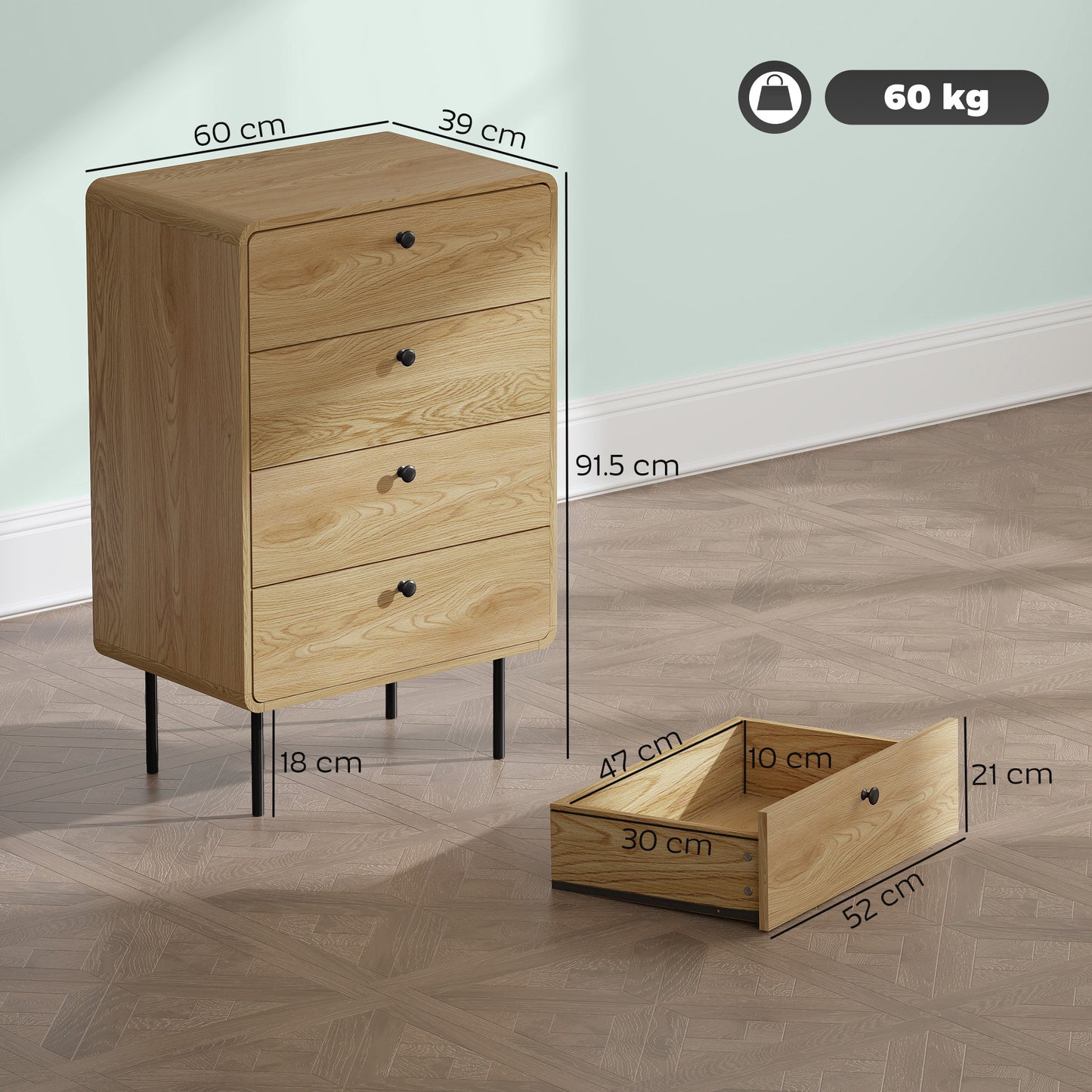 Chest of Drawers with 4 Drawers, Modern Dresser for Bedroom, Oak