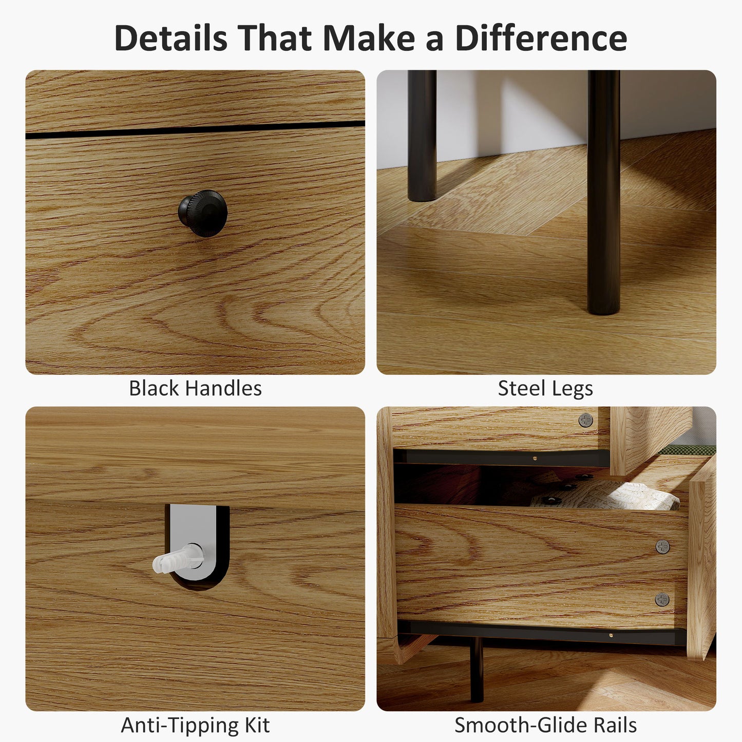 Chest of Drawers with 4 Drawers, Modern Dresser for Bedroom, Oak