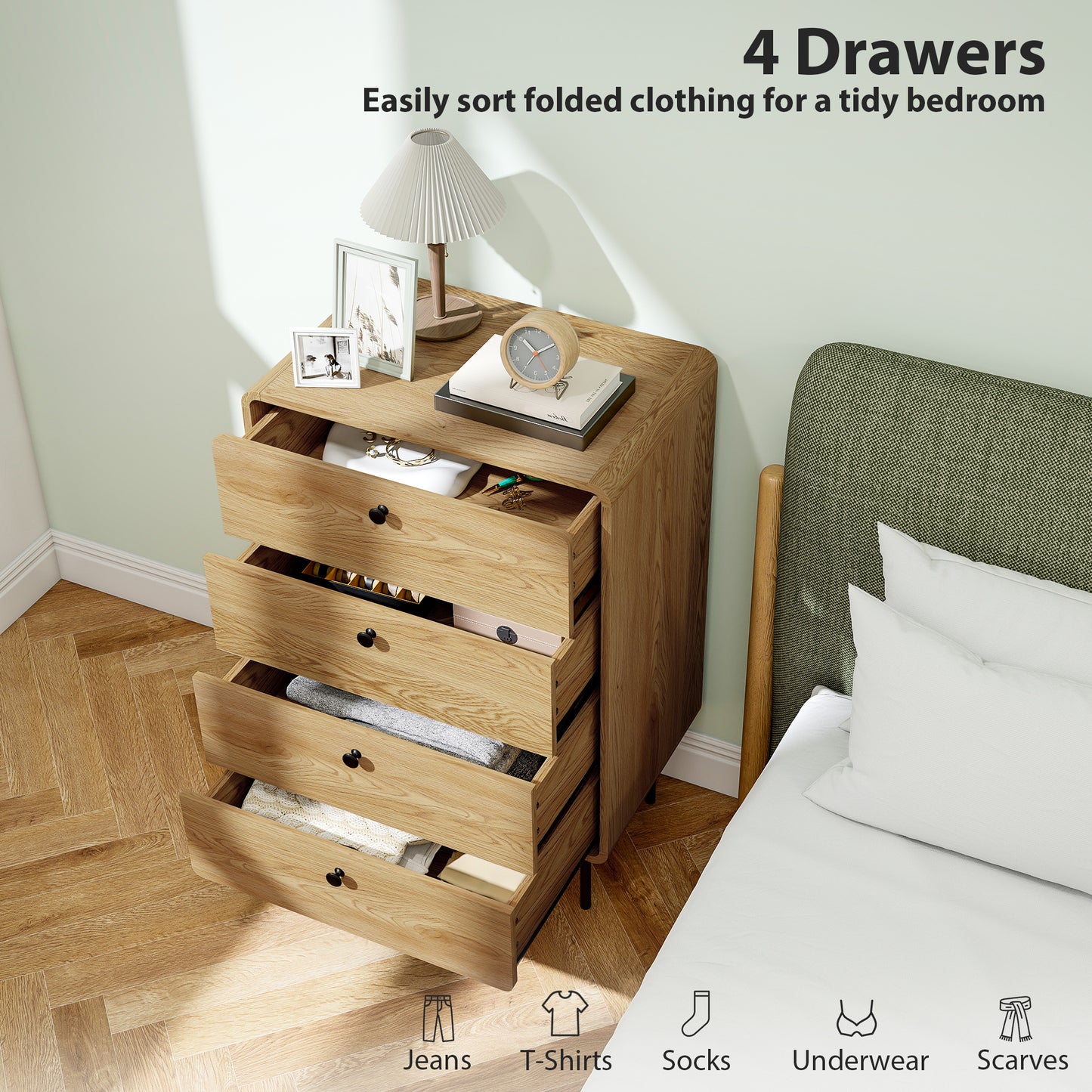Chest of Drawers with 4 Drawers, Modern Dresser for Bedroom, Oak