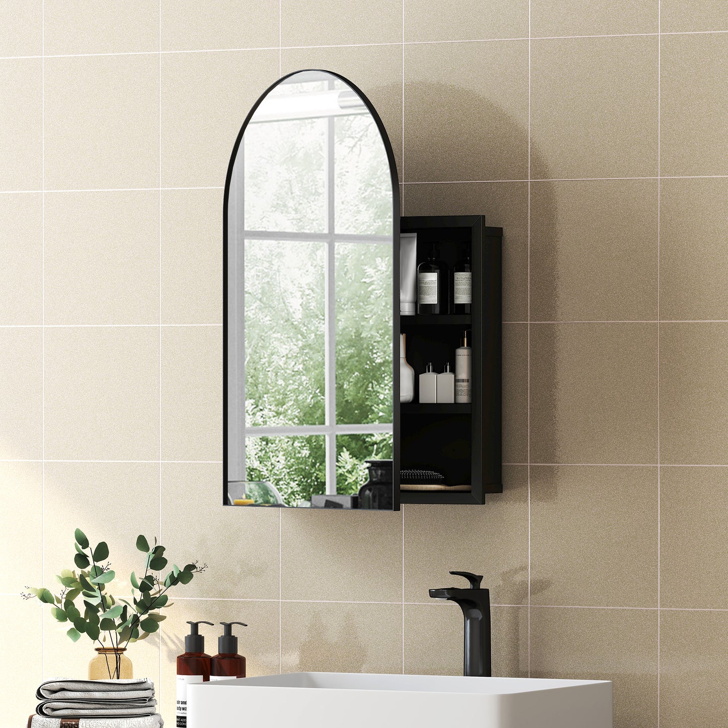 Bathroom Mirror Cabinet with Mirror Arched Wall Cabinet Black