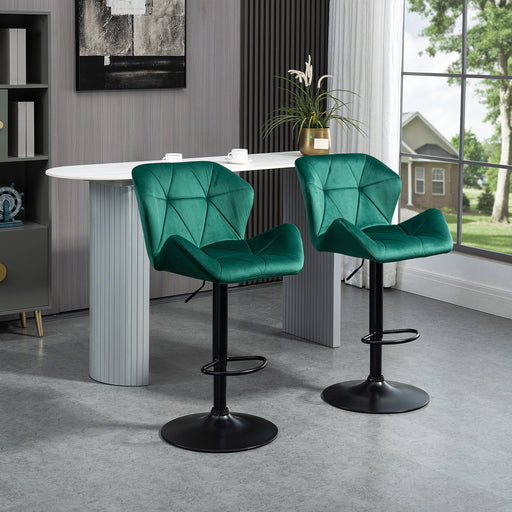 Bar Stools Set Of 2, Luxurious Velvet-Touch Barstools with Metal Frame Footrest Round Base Triangle Indenting Adjustable Height Swivel Green