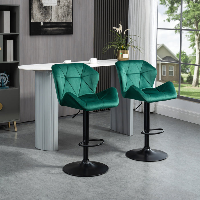 Bar Stools Set Of 2, Luxurious Velvet-Touch Barstools with Metal Frame Footrest Round Base Triangle Indenting Adjustable Height Swivel Green