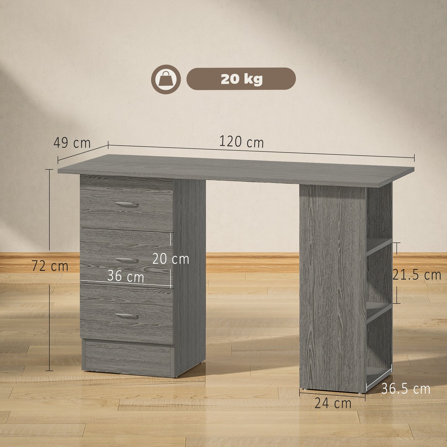 120cm Computer Desk, Study Table with 3 Shelf & Drawers, Grey