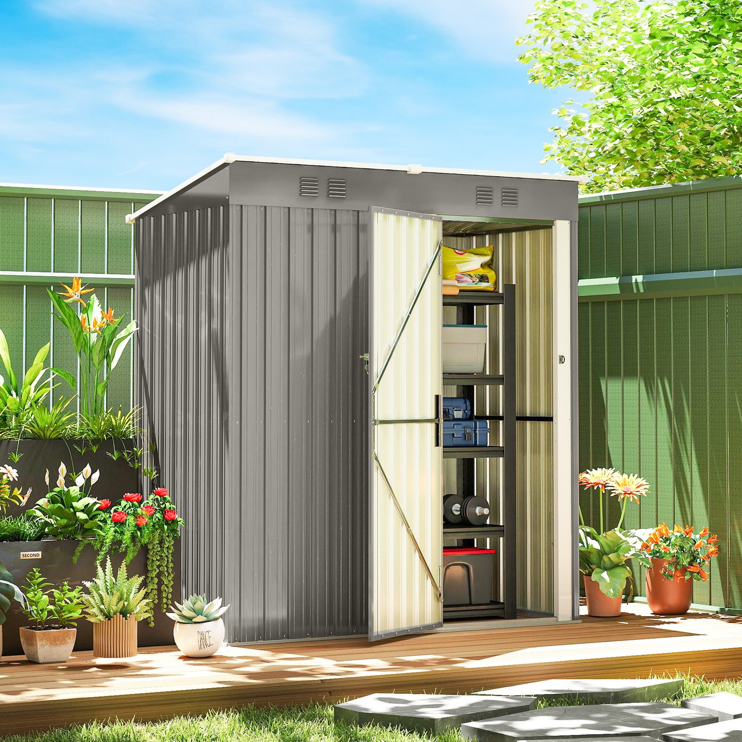 5 x 3 ft Lean-to Garden Shed, Outdoor Storage Shed, Light Grey