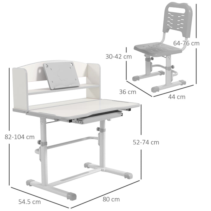 ZONEKIZ Height Adjustable Kids Study Table and Chair Set, with Drawer, Storage Shelf, 80 x 54.5 x 104 cm, Grey