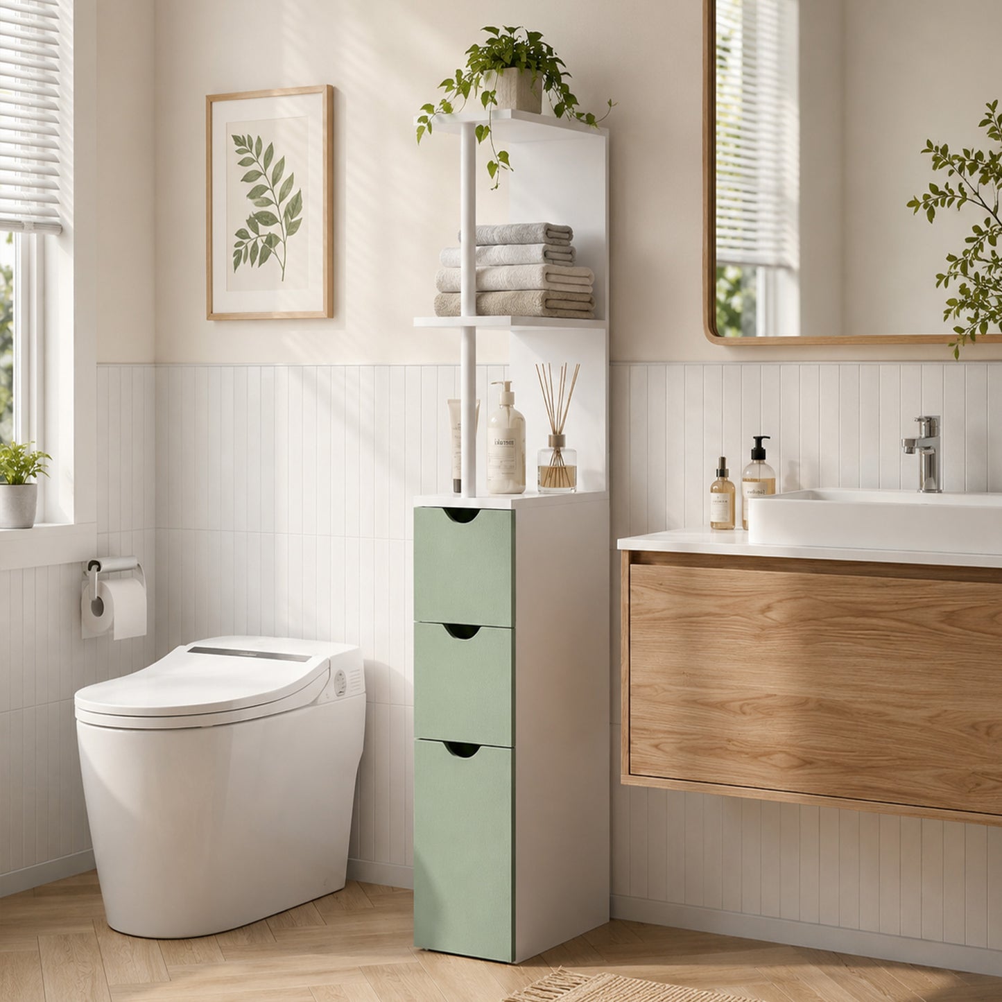 Freestanding Bathroom Storage Cabinet with 2-Tier Shelf, Light Green