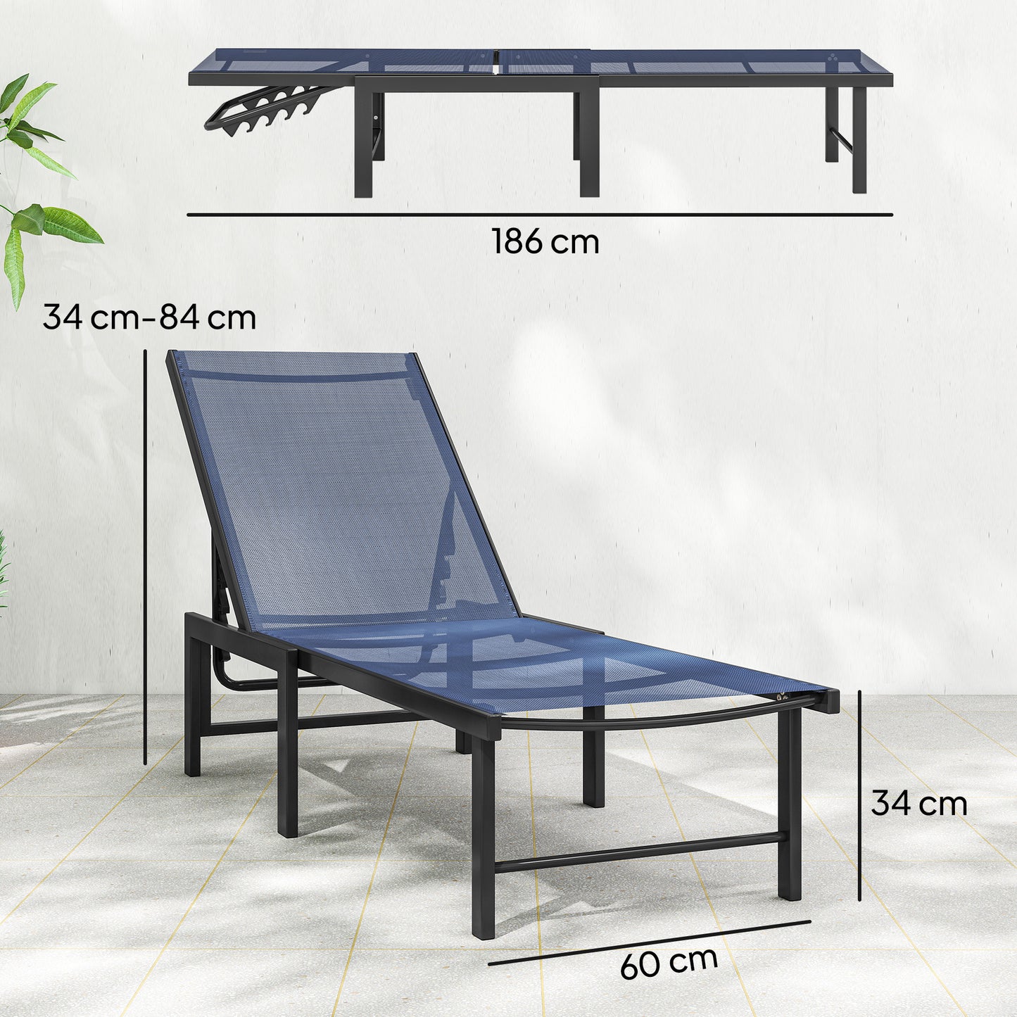 Sun Loungers Set of 2, 5-Level Reclining Sunbeds, Dark Blue
