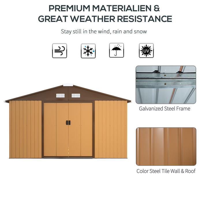 13 x 11 ft Metal Garden Shed Large Patio Roofed Tool Storage Box with Foundation Ventilation and Sliding Doors, Yellow