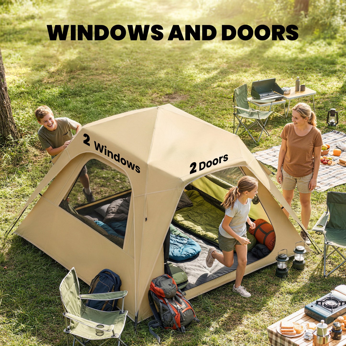Pop Up Tent Waterproof Camping Tents 2-3 People Khaki